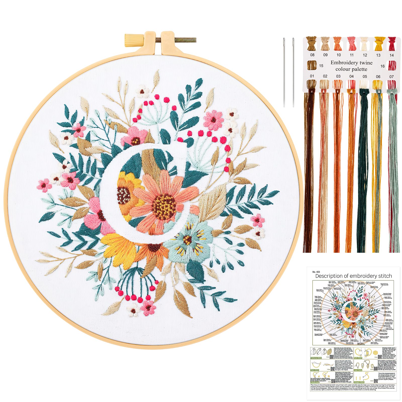 Kit De Démarrage Broderie, 3 Pièces Broder Kits Debutant Pour Adultes, Embroidery Starter Kit, 50 Couleurs De Fils à Broder, Cercle Broderie, Tissu Broderie, Aiguilles à Coudre, DIY Point De Croix