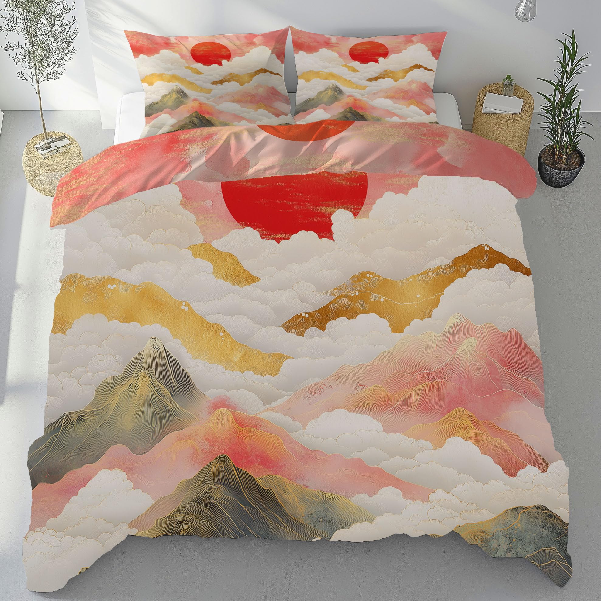 Housse de couette 140x200 cm paysage chinois avec 1 taie d'oreiller pour lit 1 personne