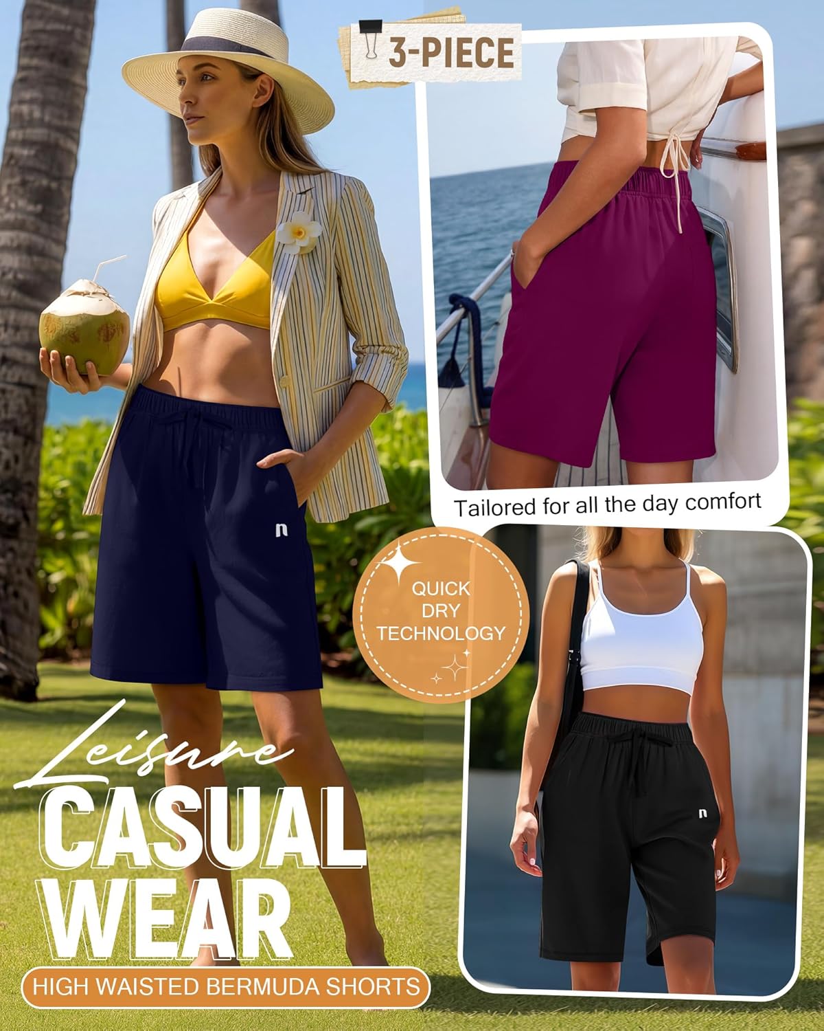 Neer 3 Pack Women's Quick Dry Shorts Women Drawstring High Waisted Bermuda Athletic Shorts with Pockets - Image 3