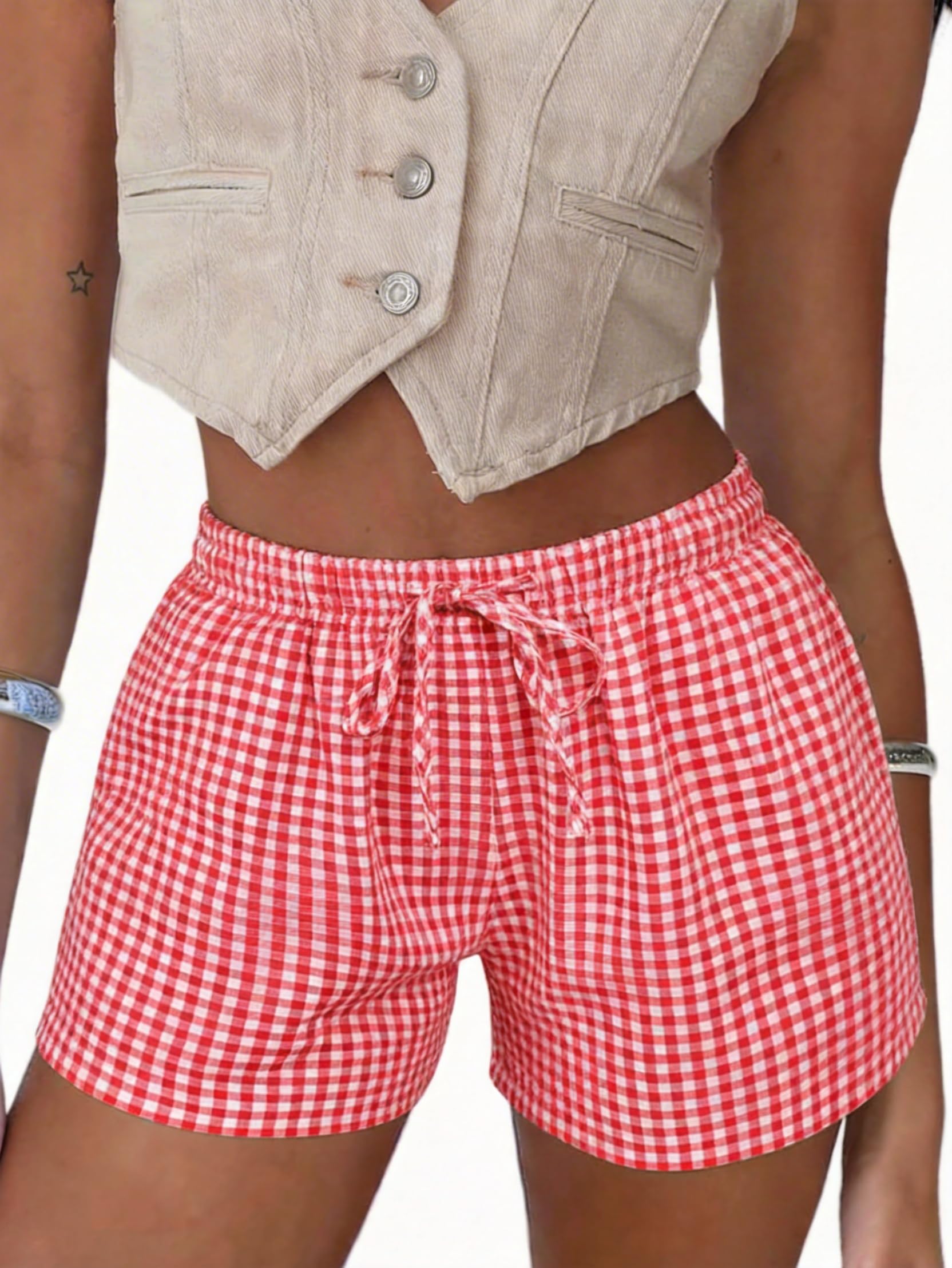 Boxer Shorts Gingham Shorts Y2K Beach Bottoms | Plaid Shorts Y2K Pajama Bottoms Two Pockets