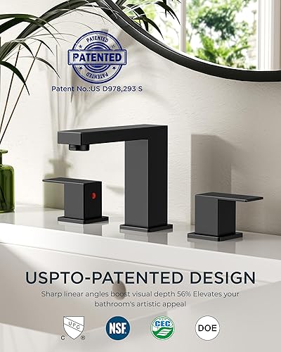 Miniatura 2 de FORIOUS Grifo de baño negro de 3 agujeros, grifo de lavabo de baño negro mate de 8 pulgadas extendido, 2 manijas para fregadero de baño con drenaje