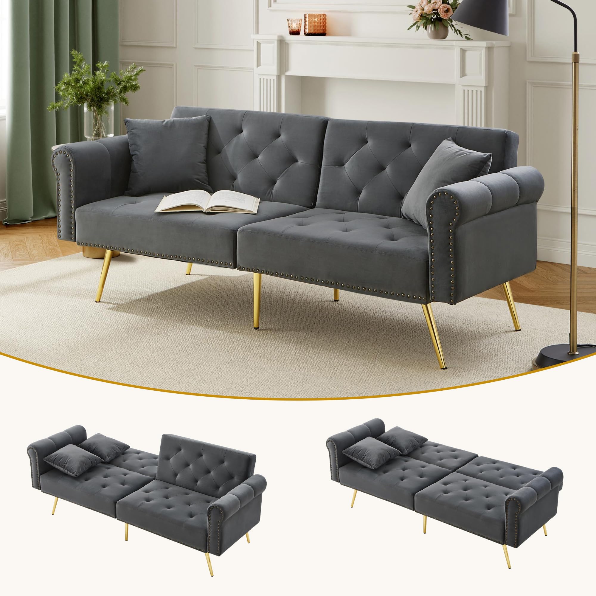 Schlafsofa 2 Sitzer mit Schlaffunktion – Verstellbares Sofa aus Samt, Schlafcouch klappbar & platzsparend, kleines Sofa für Wohnzimmer & Gästezimmer (Antique Gray)