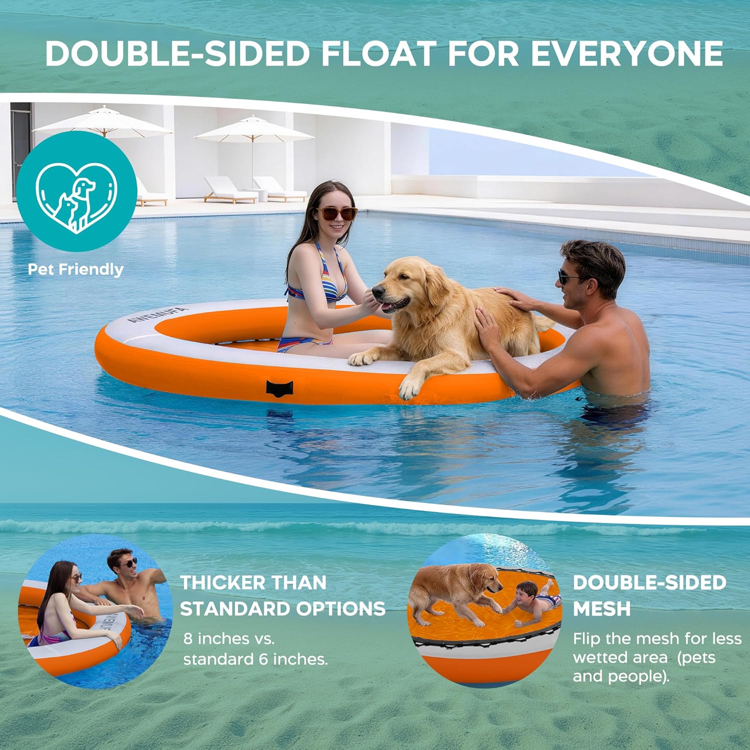 AWEMUFA 8ft Water Hammock 8 inches Thick Round Float Ring with Mesh Lake Floats for Adults Heavy Duty Circle Floating Mat for Pool Inflatable Water Raft for Summer Parties