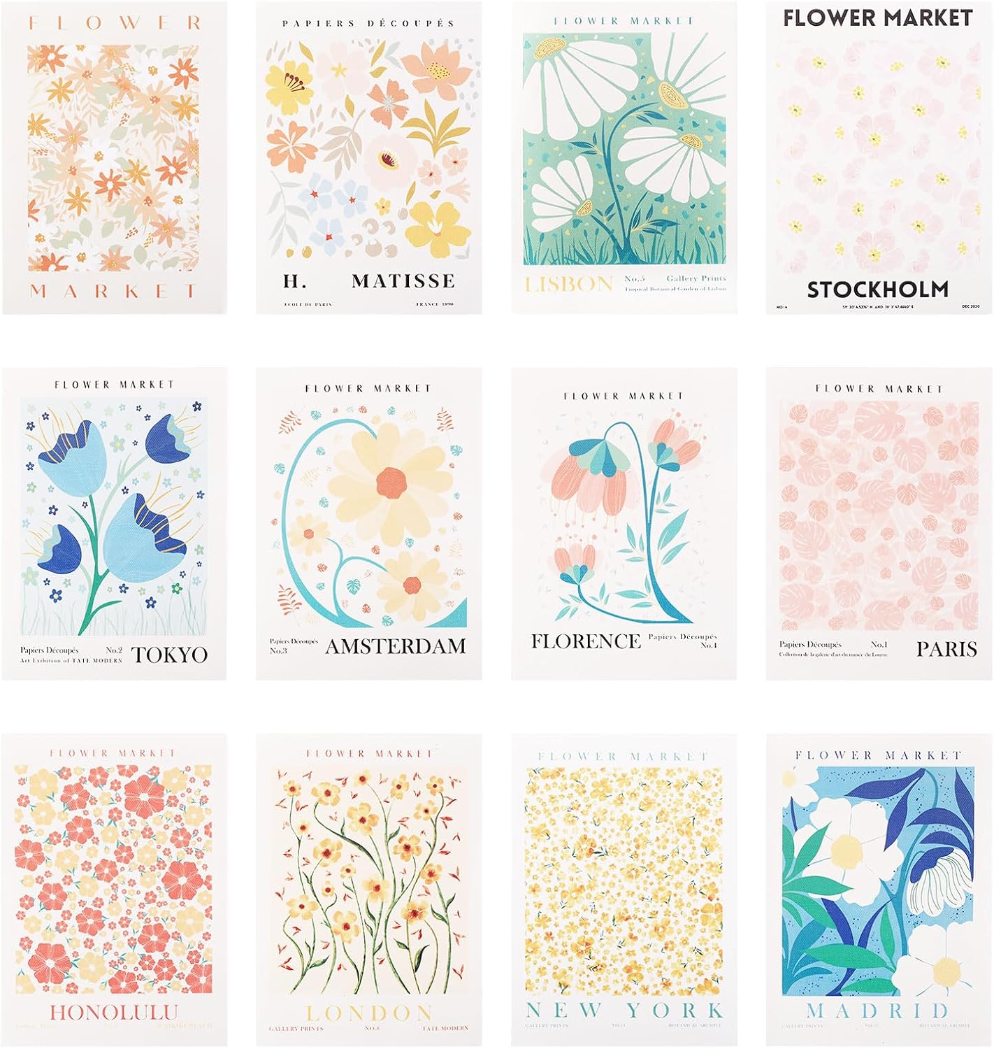 QUIIEOSKIA 12 Pcs Flower Market Wall Art Prints, Flower Floral Wall Art Posters Room Decor, Canvas Minimalist Posters Prints Aesthetic Unframed for Gallery Living Room Bathroom Decor, 5.1 * 7.08 inc