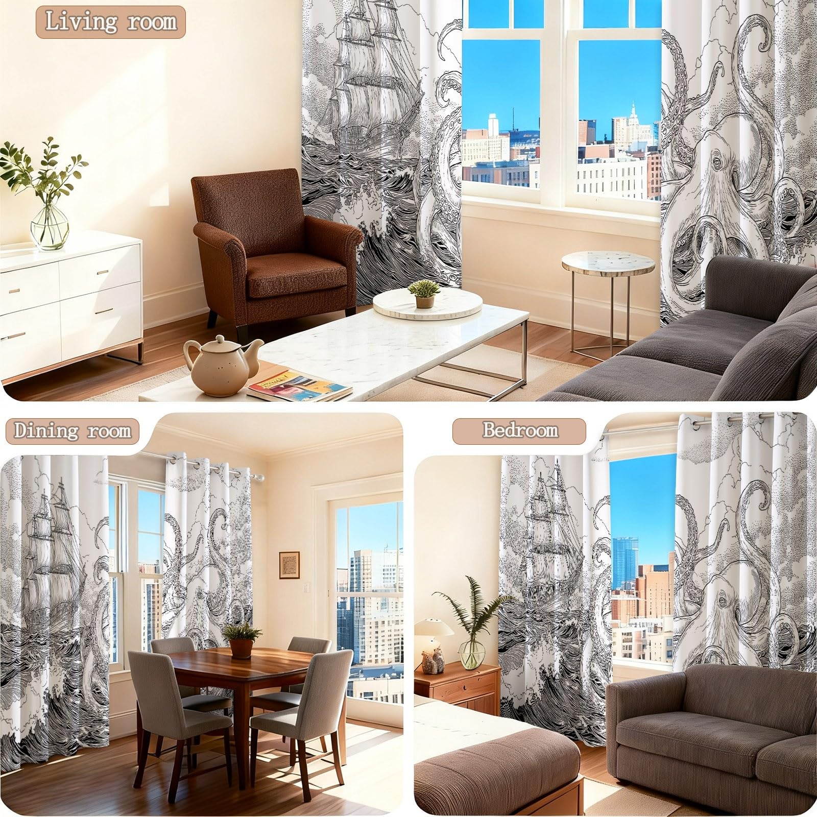 Rideau Occultant Lot de 2, Style Nautique Fantaisie Rideaux, 70 x 240 cm Rideau Thermique Isolant Anti Froid et Chaleur, Pieuvre Tentacules Voilier Motifs Rideau à œillets pour Chambre Salon, Blanc