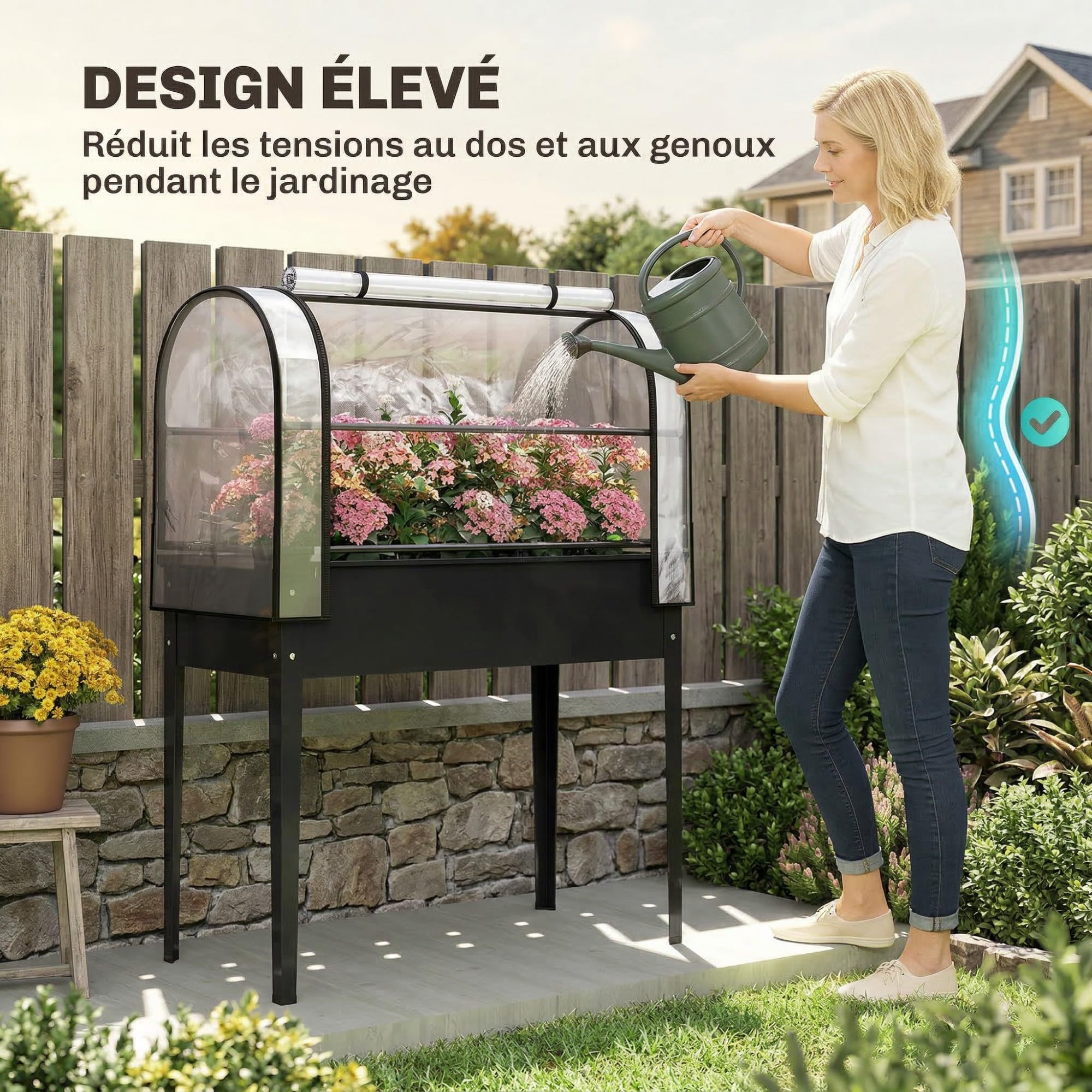 Outsunny Potager sur Pieds avec Serre Rabattable 100 x 49 x 136 cm Noir | Jardinière Haute sur Pied en Métal 97L, Trou de Drainage, pour Plantes Fleurs et Légumes