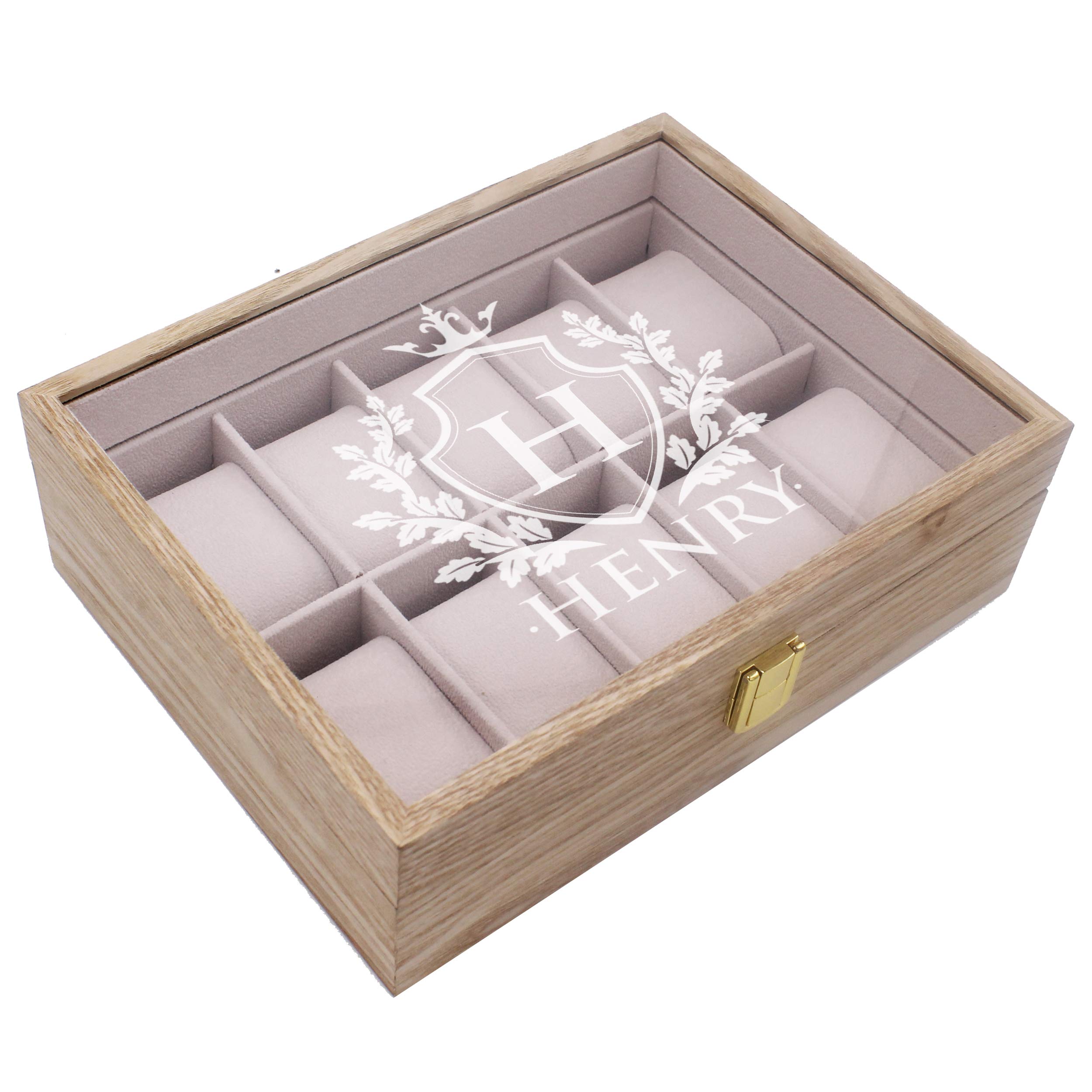 My Personal Memories Custom Personalized Watch Storage Box Glass Display Case for Men, Him, Husband - Engraved and Monogrammed (Distressed Wood)