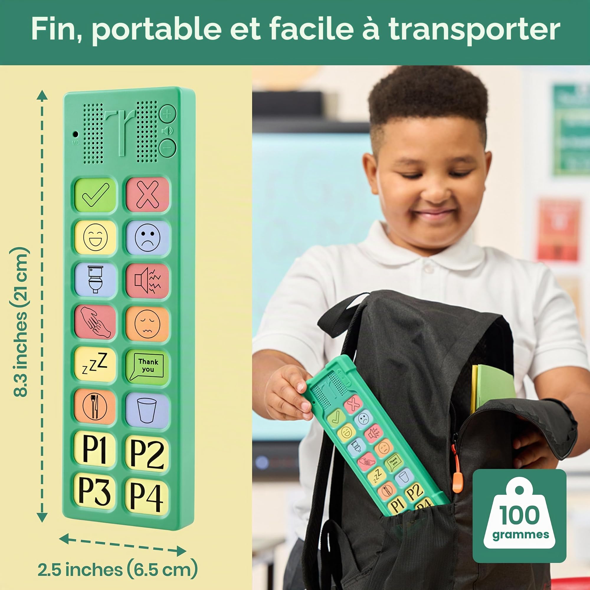 Appareil AAC pour l'autisme – Appareil de communication AAC pour enfants et adultes non verbaux – 4 boutons programmables et 12 boutons emblématiques prédéfinis avec volume réglable – Utilisé