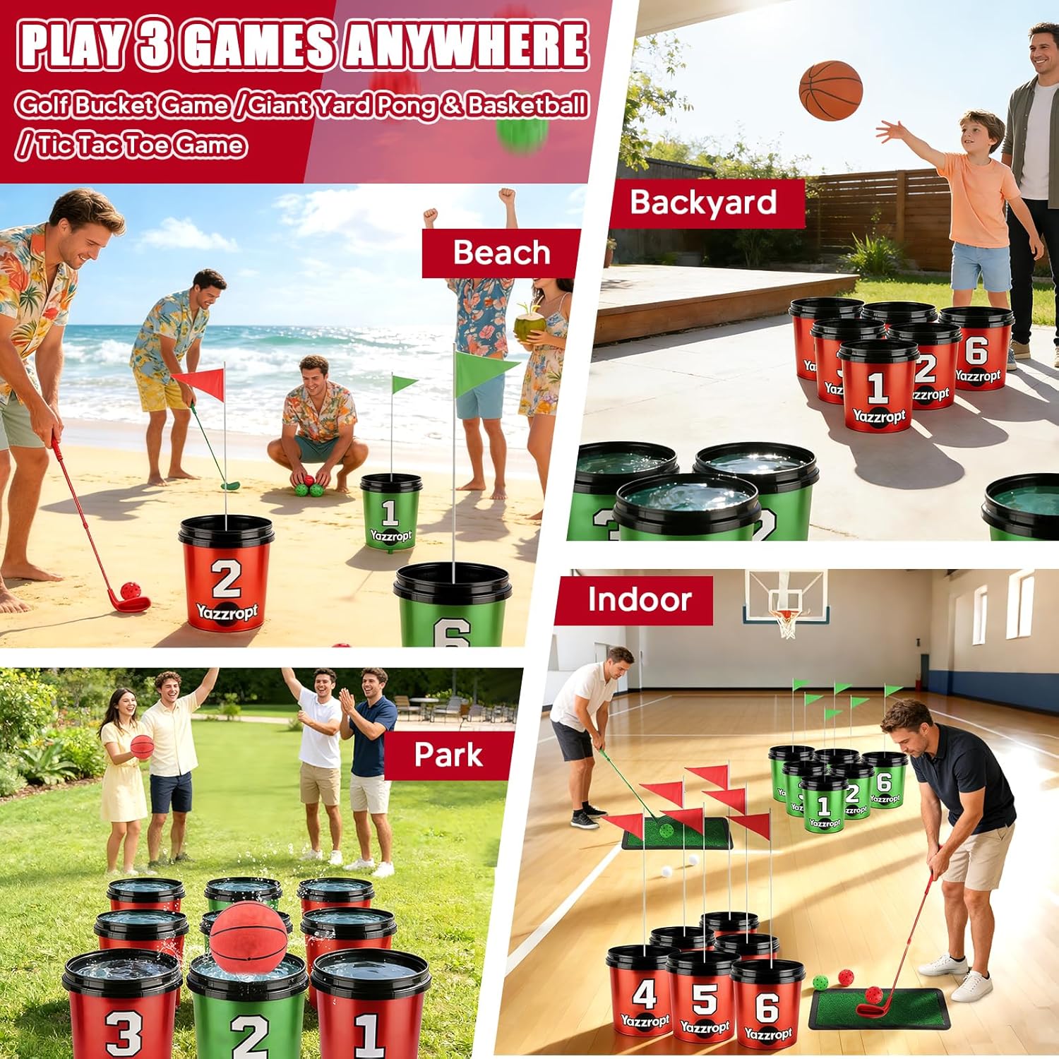 Giant 3-in-1 Outdoor Backyard Party Game Set – Bucket Golf, Yard Pong Basketball & Toss Games – Large Outdoor/Indoor Lawn Games for Adults & Families, Beach & Camping