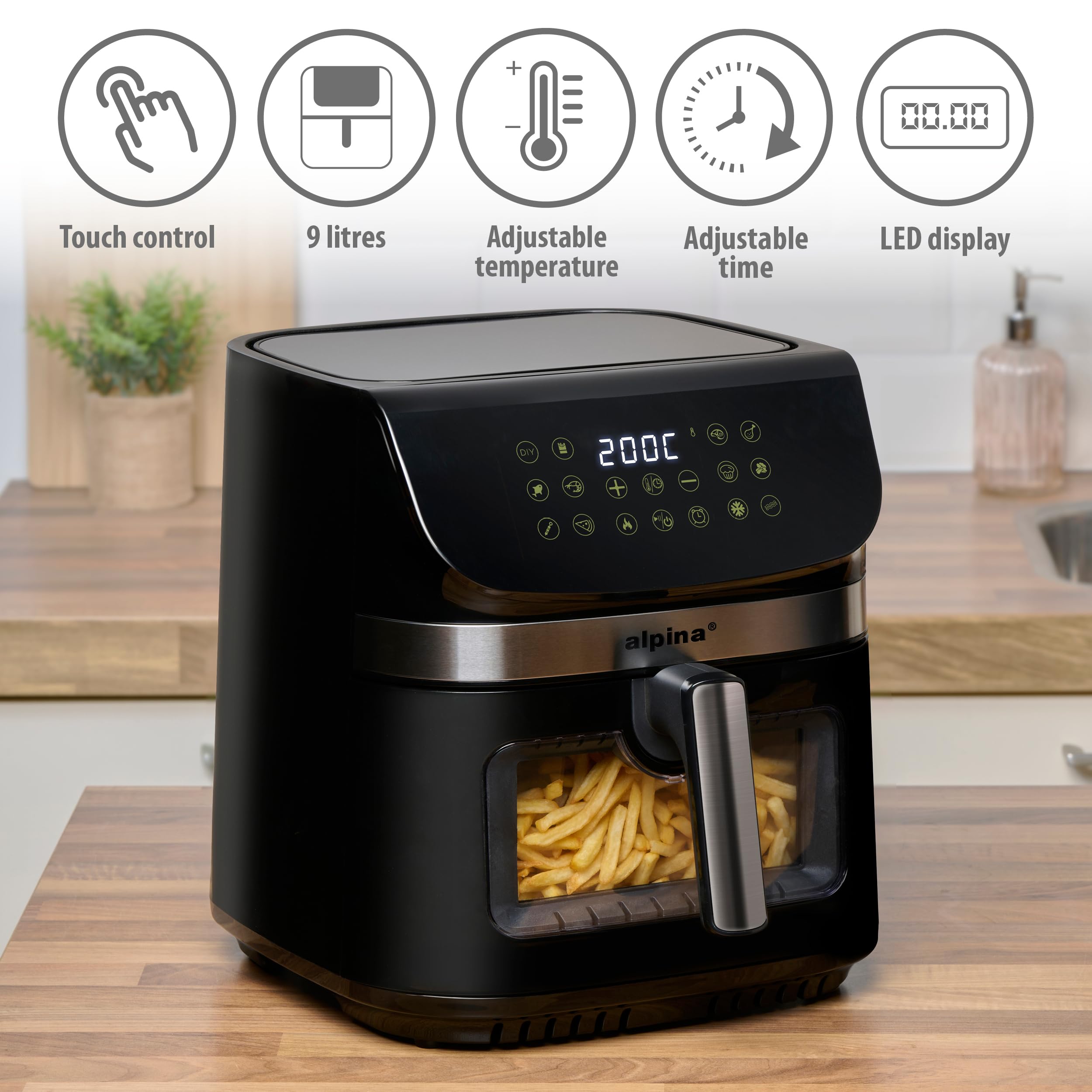 Alpina Airfryer XXL - frytkownica na gorące powietrze 9 l, frytkownica powietrzna z cyfrowym wyświetlaczem, frytkownica na gorące powietrze z timerem i temperaturą od 60 do 200°C, z 8 programami