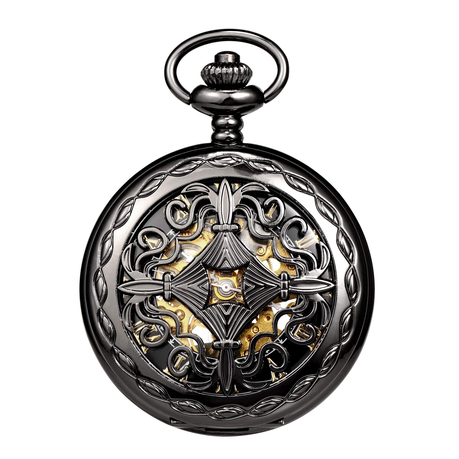 TREEWETO Orologio da tasca meccanico da uomo in bronzo antico/nero Steampunk con cassa in rame scheletrato per uomo, Nero