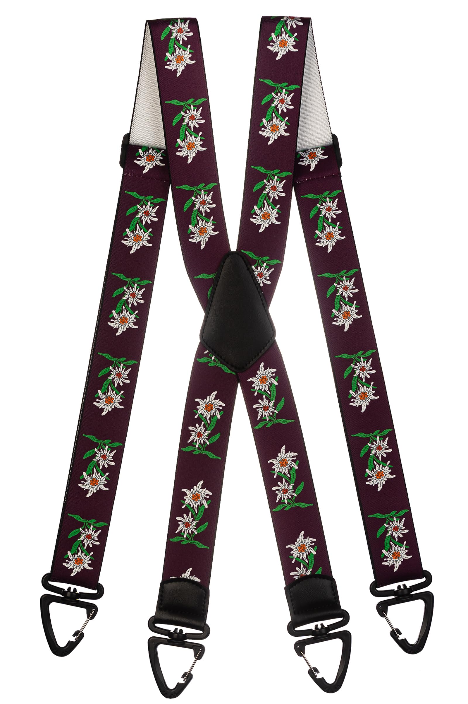Olata Men's Burgundy Heavy Duty X-Shape Braces/Suspenders With Edelweiss Pattern And Plastic Carabiner Clips - 4Cm.