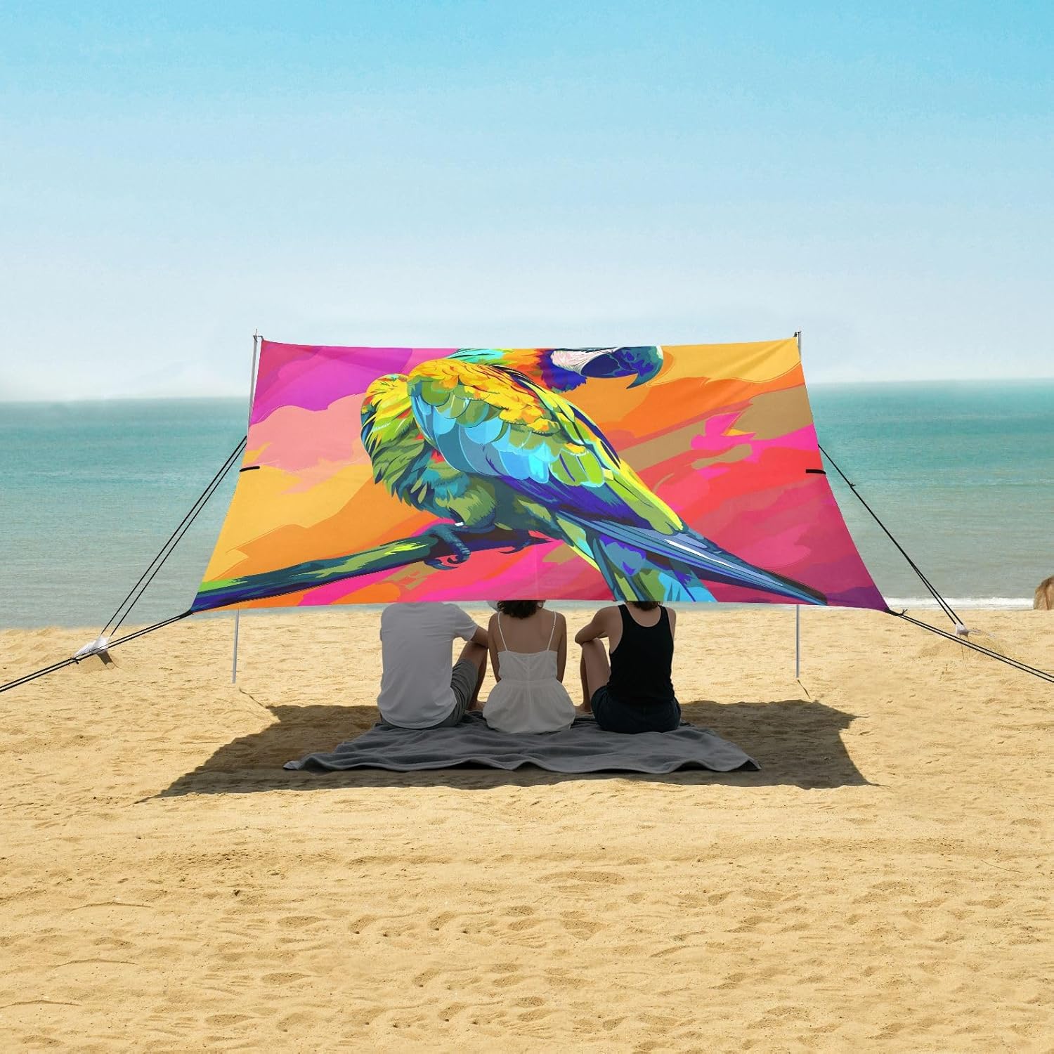 ALAZA Rainbow Parrot Portrait Beach Tent Sun Shelter UPF50+ Protection Beach Shade Canopy w/ 4 Sandbags for Outdoor Camping, Fishing, Backyard Fun, Picnic, 10x9 ft