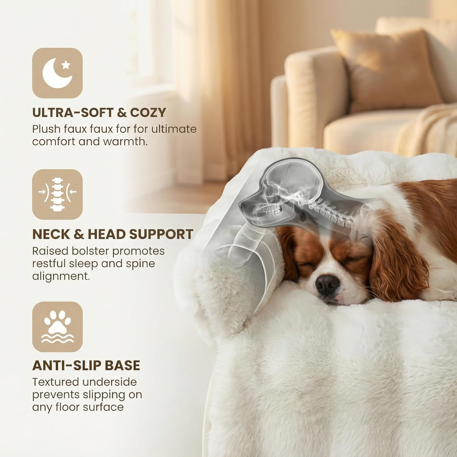 Calming Dog Bed for Couch, 29.5 x 29.5 inch Removable Couch Cover for Dogs Washable, Non-Slip Fluffy Plush Dog Sofa Mat for Furniture Protector (White)