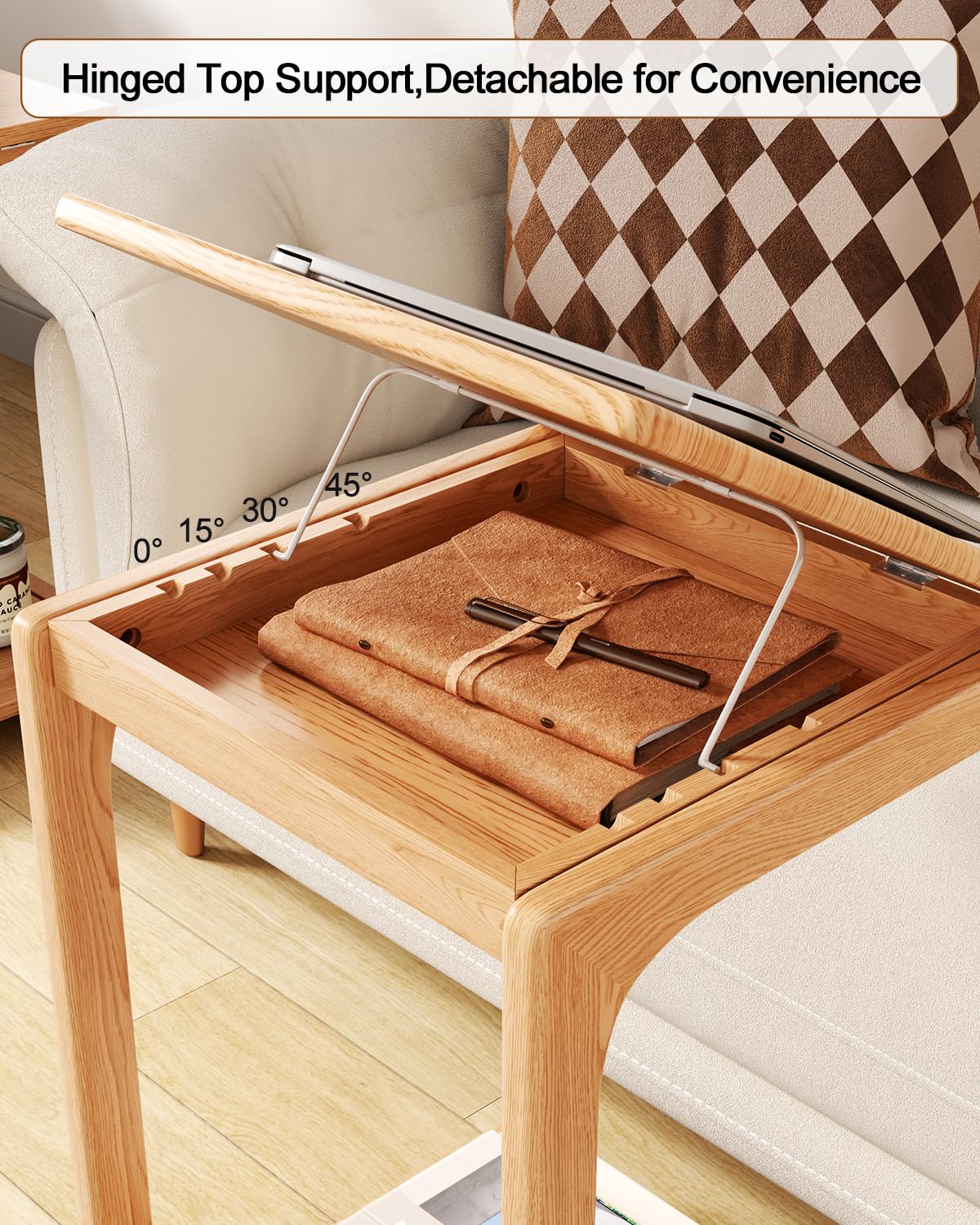 AQIMUELE Tavolino laterale in legno, tavolo per divano con ruote, a forma di C, tavolino da caffè mobile,40P x 40l x 63H cm, per caffè e computer portatile (Naturale)