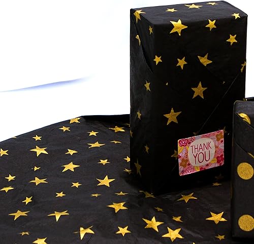 Miniatura 2 de MR FIVE 100 hojas de papel de seda negro con estrella dorada a granel, 20 x 14 pulgadas, papel de estrella negro dorado para bolsas de regalo y