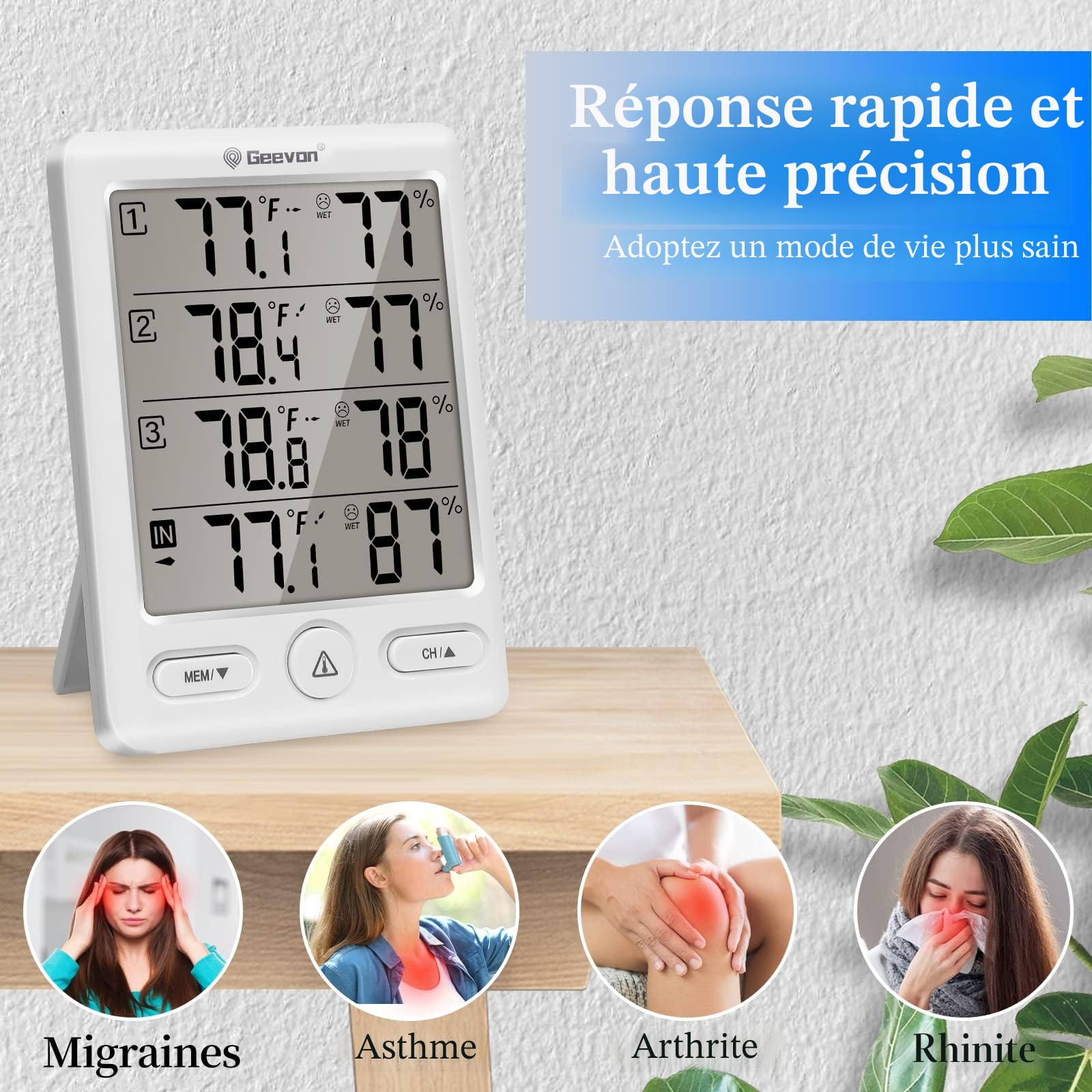 Geevon Thermomètre intérieur extérieur sans fil avec 3 capteurs à distance, hygromètre électronique, jauge de température avec portée de 60m Conditions sans obstruction