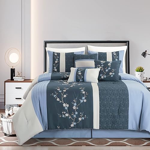 Chezmoi Collection Linnea - Juego de edredón de lujo de 7 piezas con bordado floral de cerezo, azul marino, gris, tamaño Queen Chezmoi Collection Linnea - Juego de edredón de lujo de 7 piezas con bordado floral de cerezo, azul marino, gris, tamaño Queen