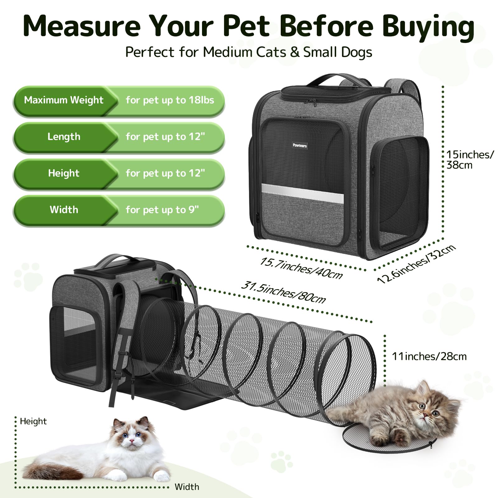 Pawtners Mochilas transportadoras para Gatos con túnel de Juego expandible para Gatos, Mochila para Mascotas aprobada por aerolíneas para Perros pequeños y Gatos Grandes de hasta 25 Libras,