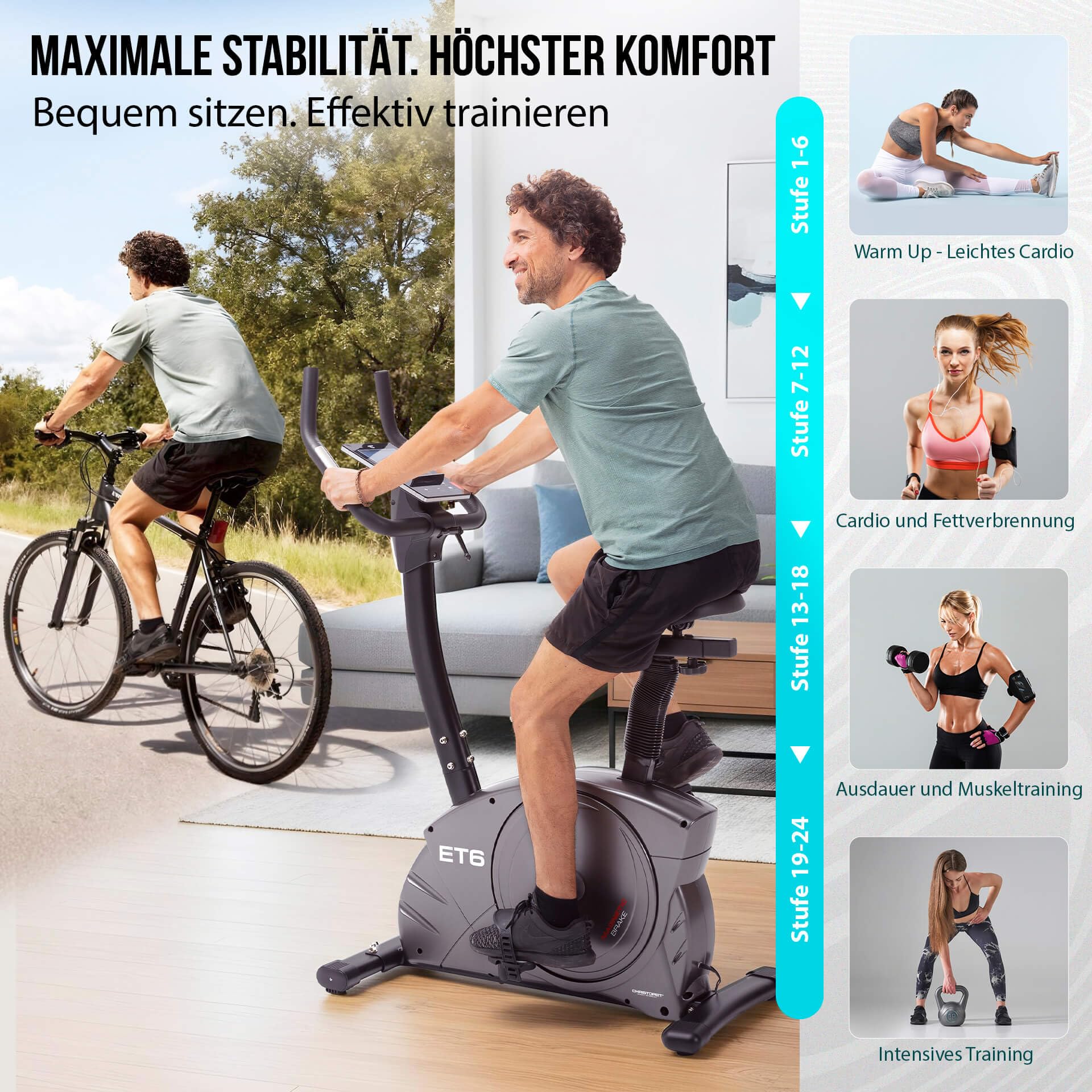 CHRISTOPEIT Ergometer Heimtrainer ET 6 Fahrrad mit 24 Widerstandsstufen, bis 150kg und 200cm, 12kg Magnet-Bremssystem, Kinomap, Bluetooth, Pulsmessung, bequem, leise