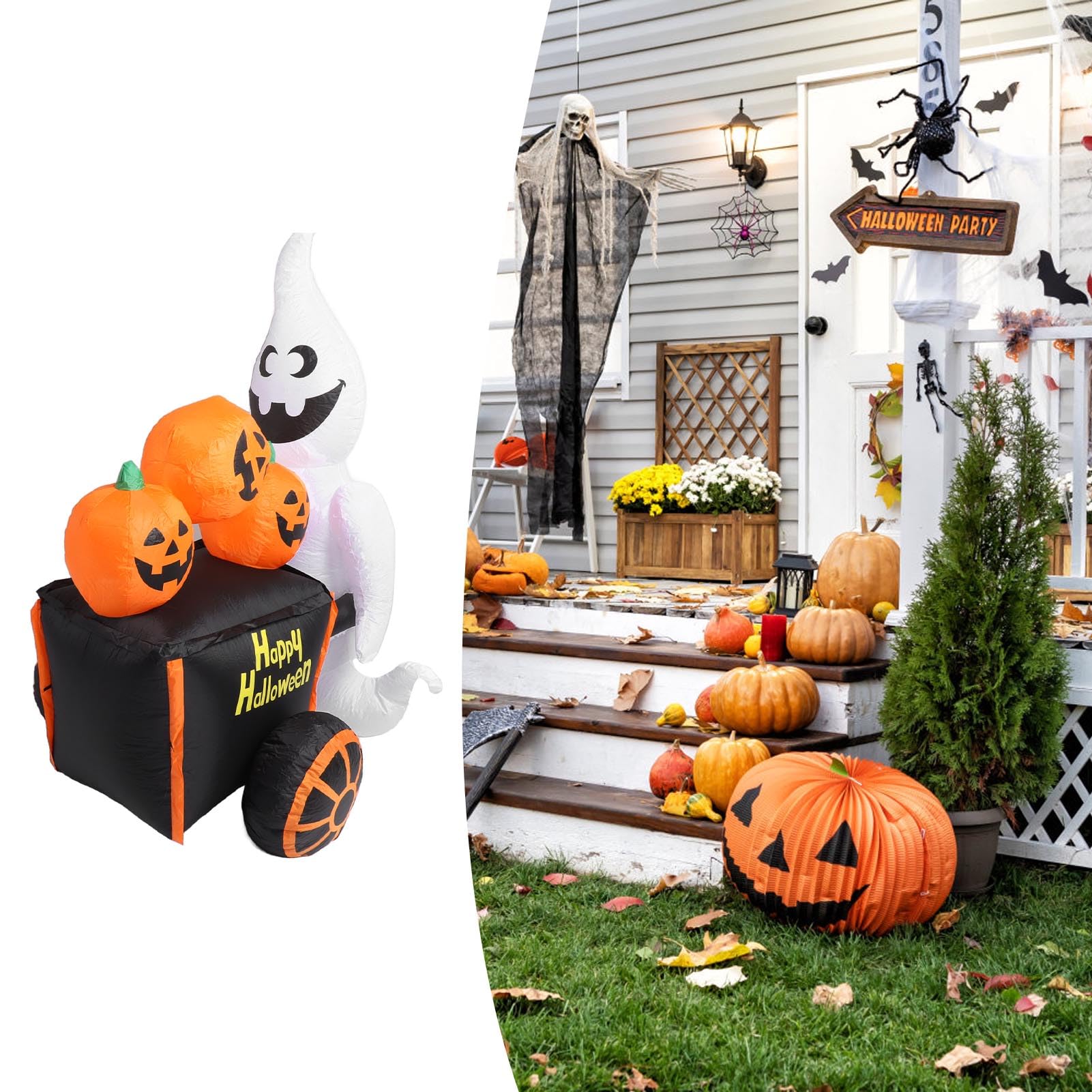 Halloweenowy Nadmuchiwany Wózek z Dyniami o Wysokości 6 Stóp i Wbudowanym światłem LED. Dmuchane Dmuchane Zabawki na imprezę z Okazji Halloween. Dekoracje na Trawniku (Wtyczka UE