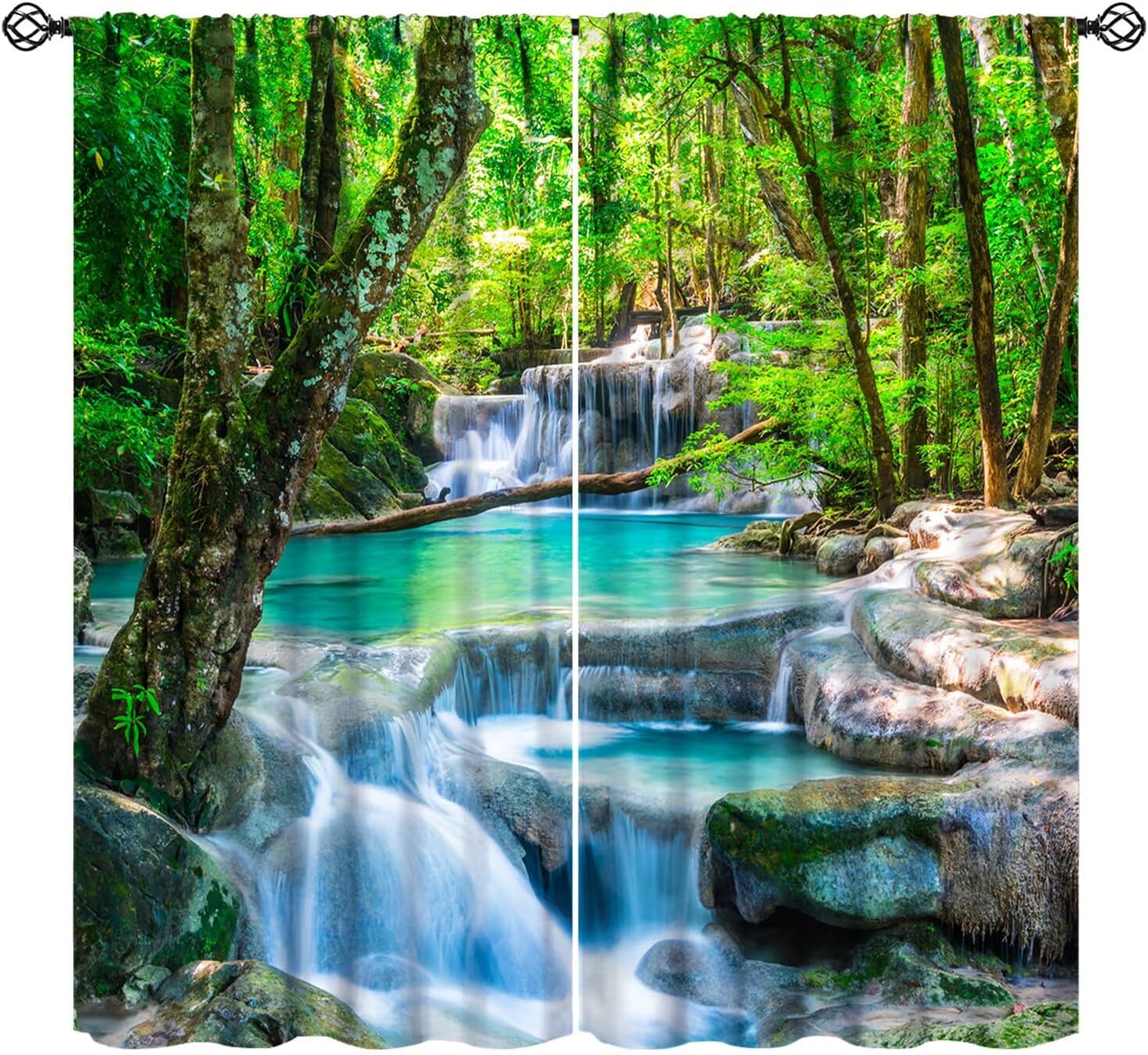 Nature Waterfall Blackout Curtains，Jungle Forest Stream River Outdoor Spring Natural Scenery Pattern Drapes Window 2 Panel Rod Pocket Curtain for Bedroom Living Room Decor 21" W X 45" L