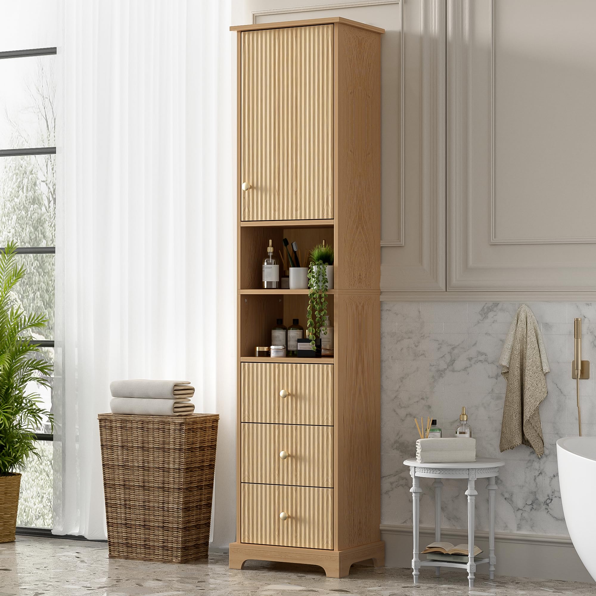 Tidyard Badezimmerschrank, 40x30x172 cm, PVC-Thermoform, vertikale Streifen, 3 Schubladen, Naturholzfarbe, für Bad, Gäste-WC, Sauna, Wellnessbereich