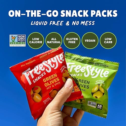 Miniatura 3 de Freestyle Snacks Paquetes de aceitunas  Paquete de 3 sabores  Ajo limón, original, picante y picante  (18) paquetes de 1.1 oz en total  Aceitunas