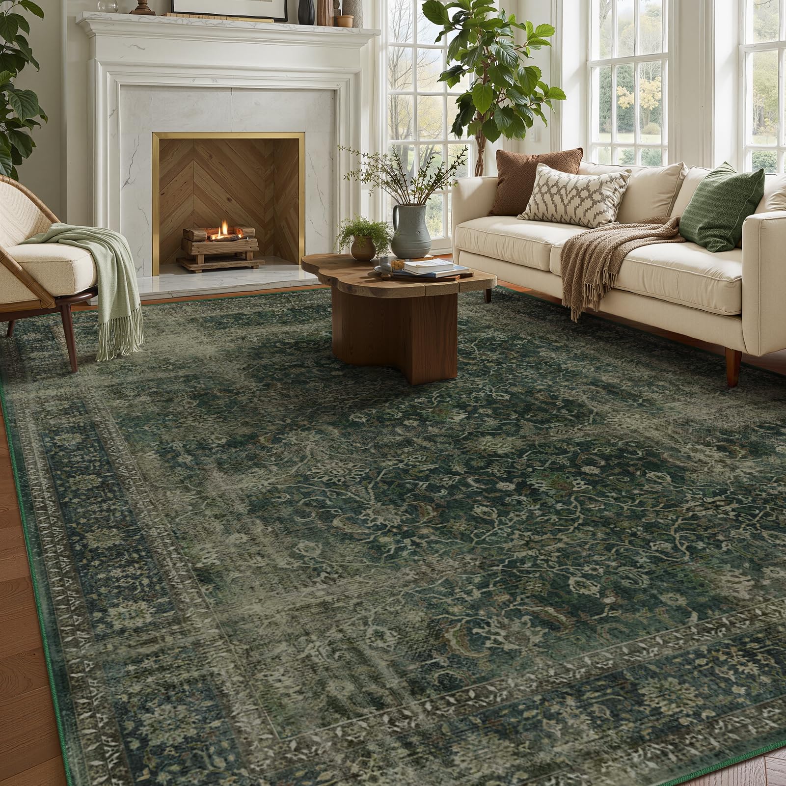 Jainmy Dark Green 8x10 Rugs for Living Room, Vintage Distressed Large Rug for Bedroom Under Bed, Washable Non Slip Low Pile Moody Earth Tone Carpet Rugs for Dining Room Home Office — image 1