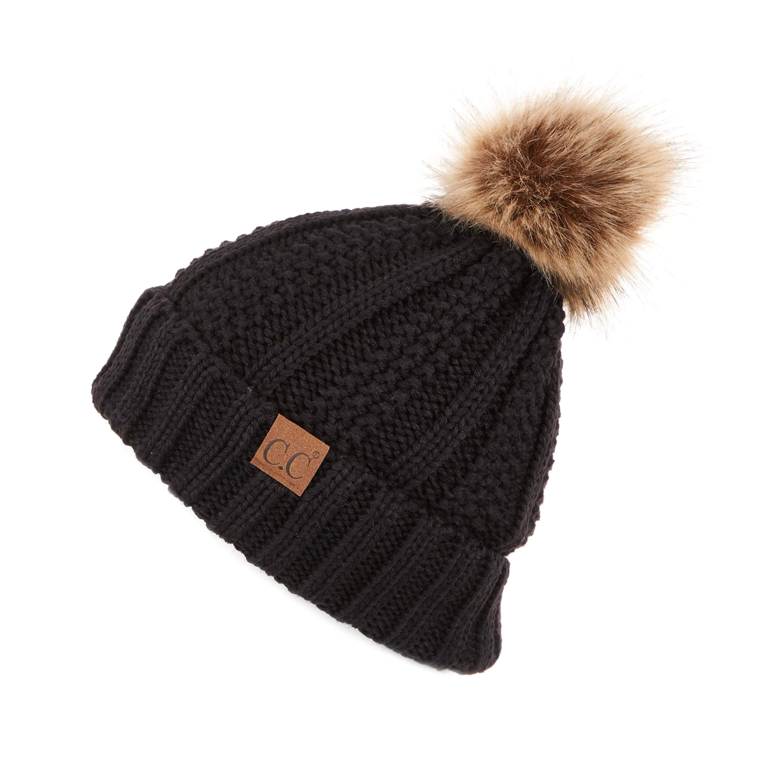 C.C Exclusives Fuzzy Lined Knit Fur Pom Beanie Hat (YJ-820)