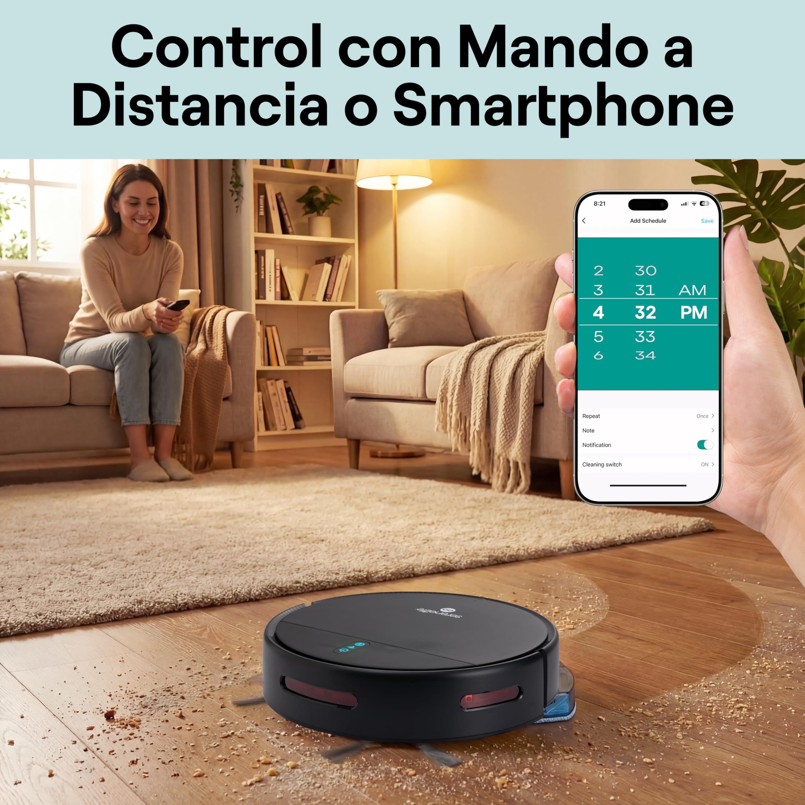 SereneLife Robot aspiradora y mopa Inteligente automática, Control por aplicación, 3 Modos de Limpieza, Autocargable, Succión de 700Pa, Ideal para Pelo de Mascotas, alfombras y Suelos Duros