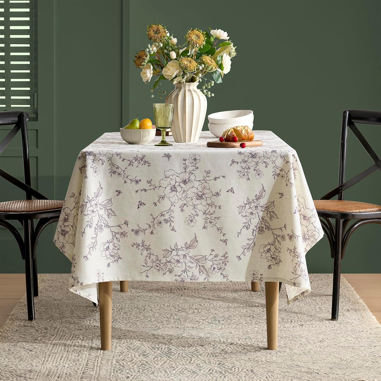 Rustic Linen Rectangle Tablecloth 55x84 Inch Floral Table Cloth with Purple Flowers Pattern Burlap Textured Farmhouse French Vintage Outdoor Table Cover for Picnic,Dining,Party,Home Decor - Image 6