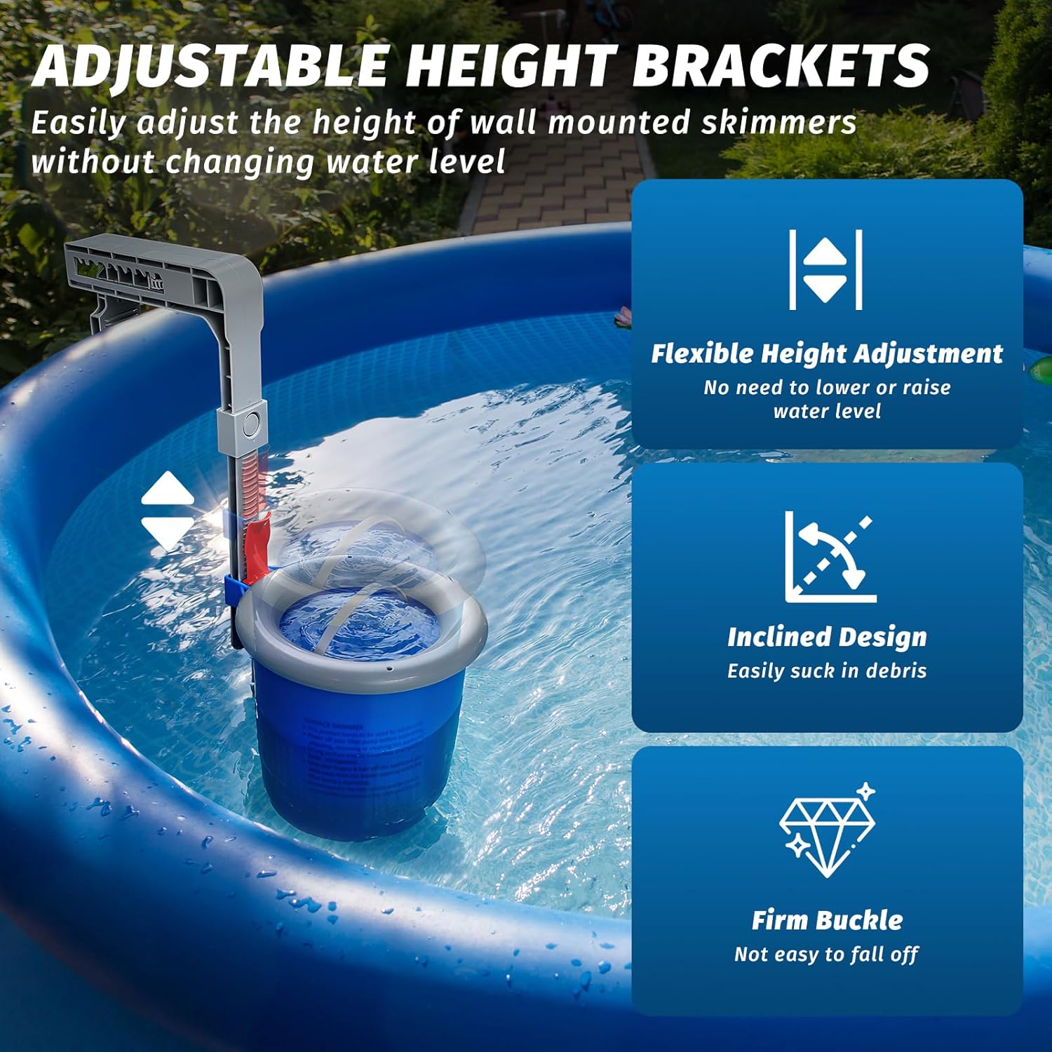 Above Ground Pool Skimmer with 4 Skimmer Socks, Floating Surface Skimmer, Wall Mount Pool Surface Skimmer with Hose and Basket, Attaches to Inflatable Collars, Tubular and Metal Frames (Blue)