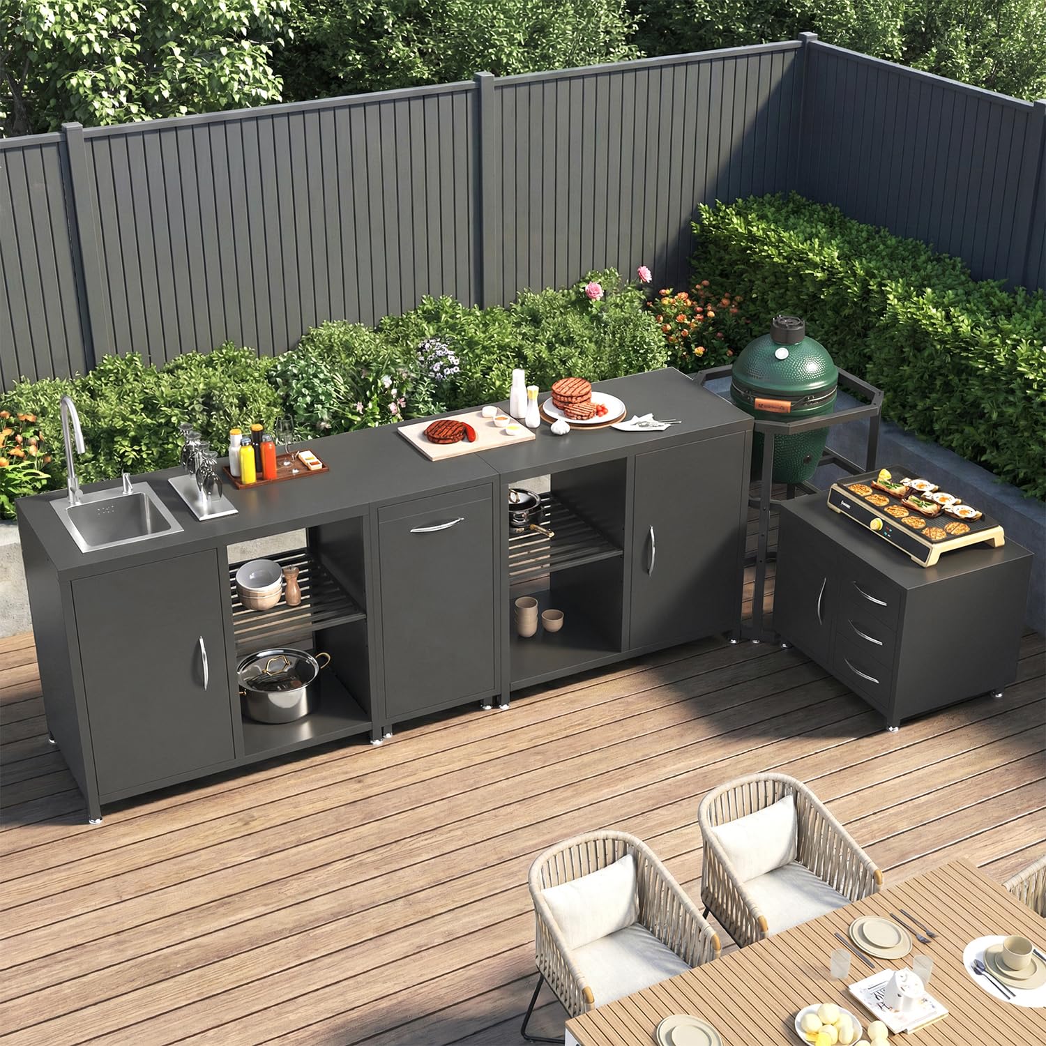Grilltisch mit Spüle & Wasserhahn für Outdoor Küche, BBQ Beistelltisch mit Stauraum, Höhenverstellbar, Schwarz