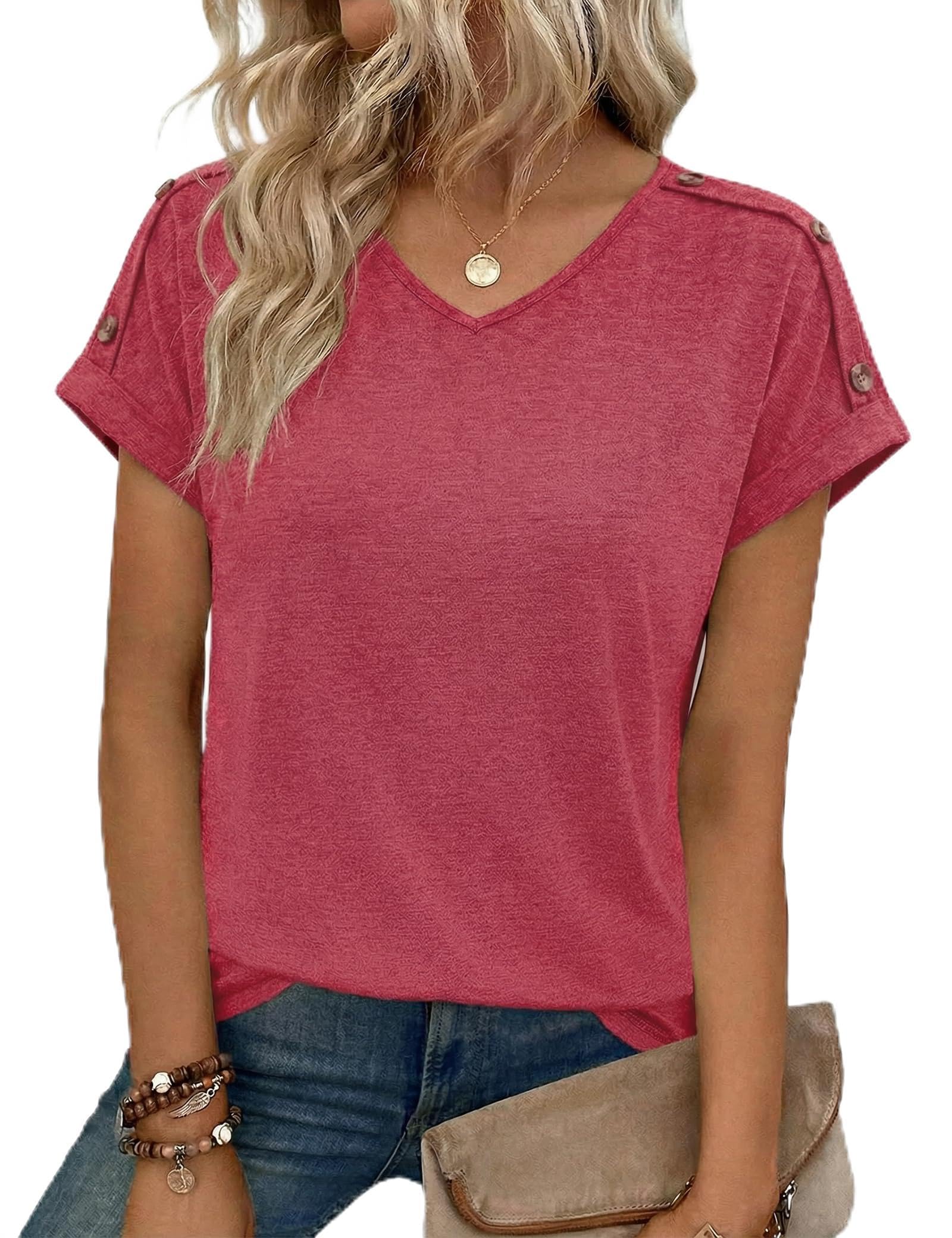 Totatuit Damen T-Shirt Kurzarm V-Ausschnitt Sommer Locker Sitzendes Oberteil Casual Blusen
