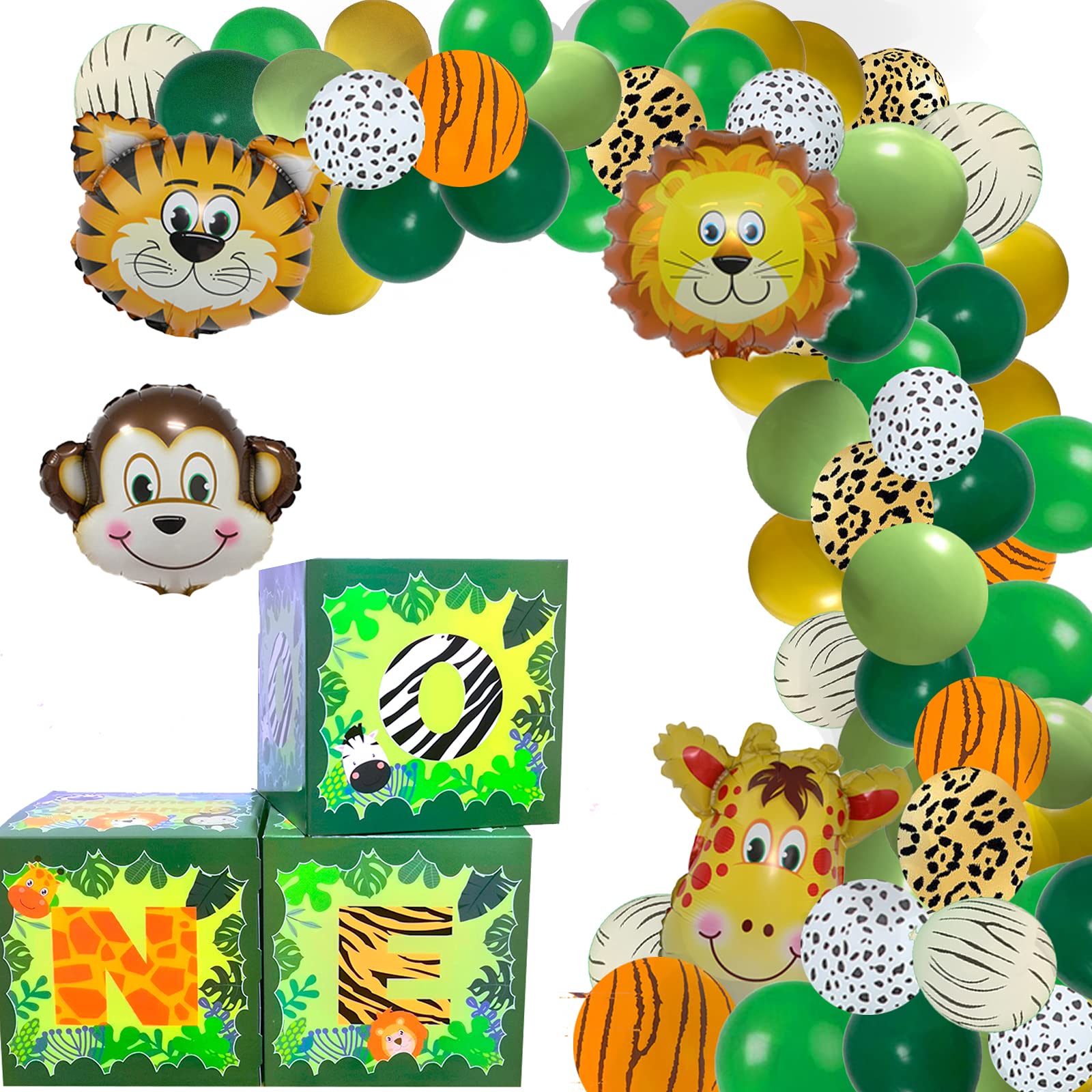 Finypa Baby's Jungle Safari 1st Birthday Boxes with 24 Balloons/Cake Smash Photo Props & Backdrop