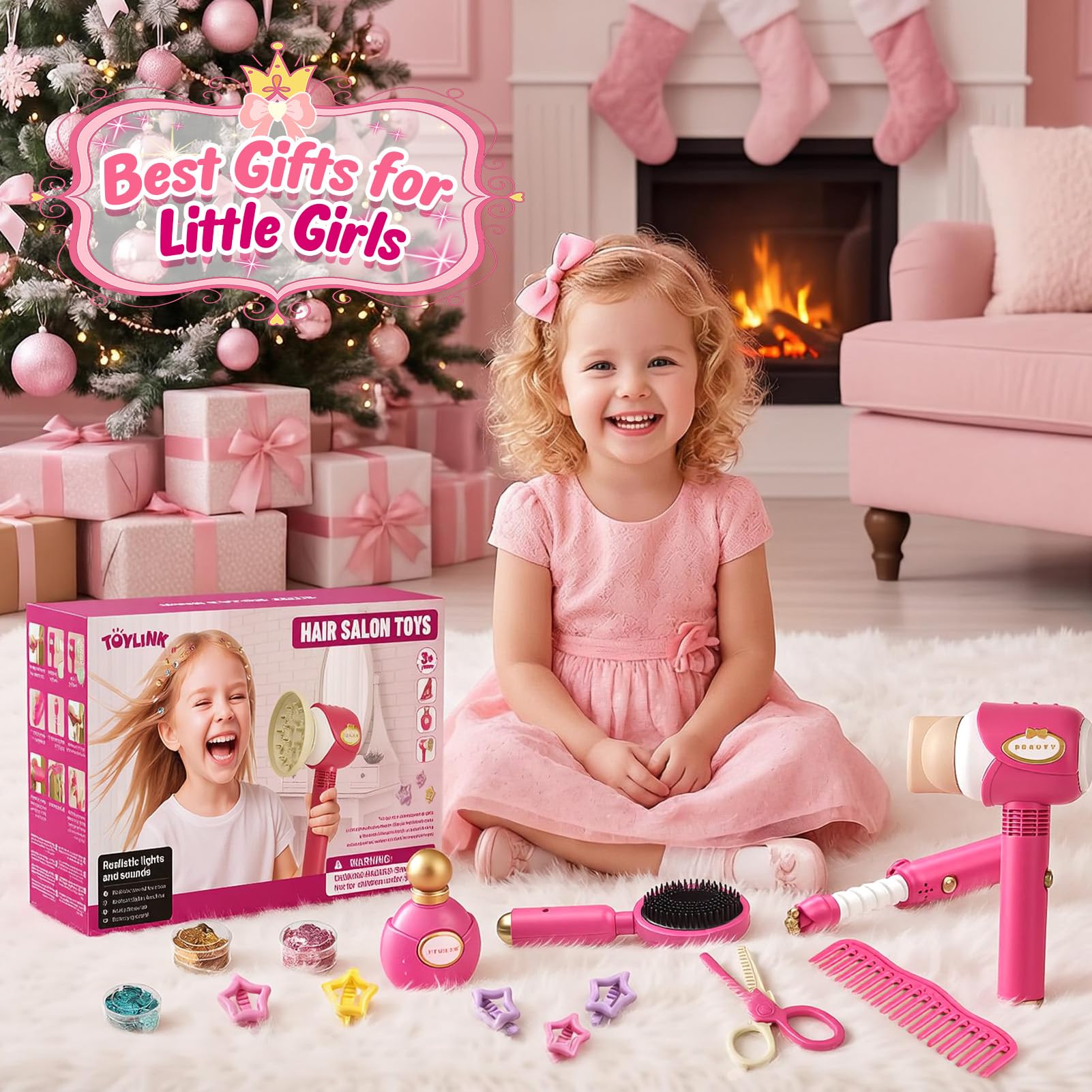 Friseur Set Kinder Spielzeug Geschenke für Mädchen 3-6 Jahre, Friseurkoffer Haarstyling Zubehör mit Haartrockner Lockenstab Schere Kamm Haarschmuck Rollenspiel Spielzeug für Mädchen ab 3 4 5 6 7 8