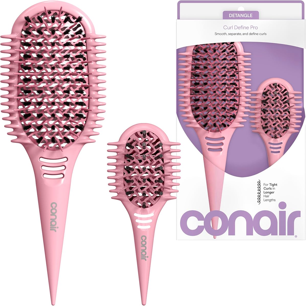 Conair Curl Define Detangler Brush Set, grande y mini para rizos apretados, rosa | Juego de cepillos para el cabello de 2 piezas para mujer, incluye cepillo grande y mini, ideal para rizos apretados, cerdas flexibles que se desenredan fácilmente