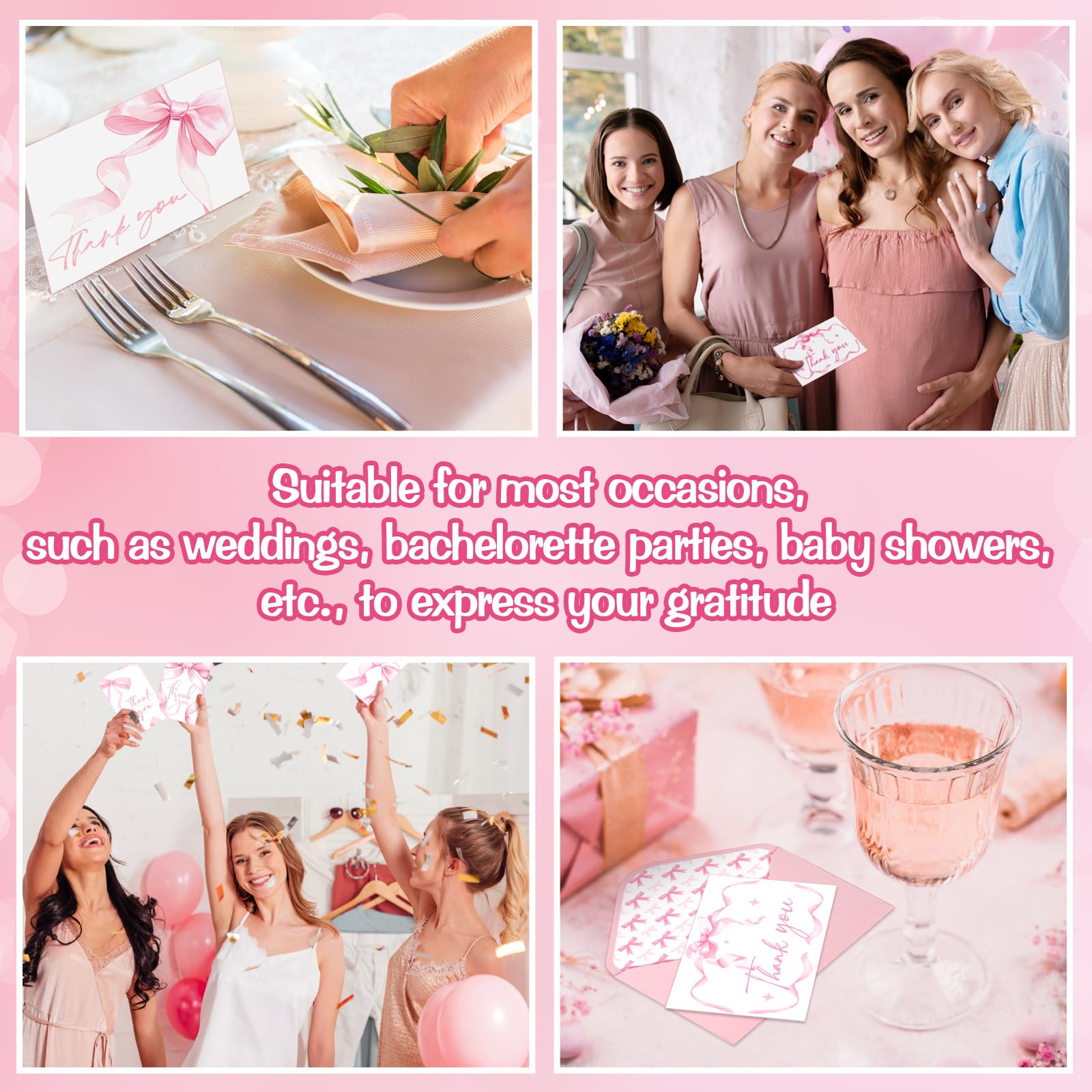 Lot de 100 cartes de remerciement avec nœuds roses et enveloppes et autocollants pour mariage, fête prénatale, fête d'anniversaire