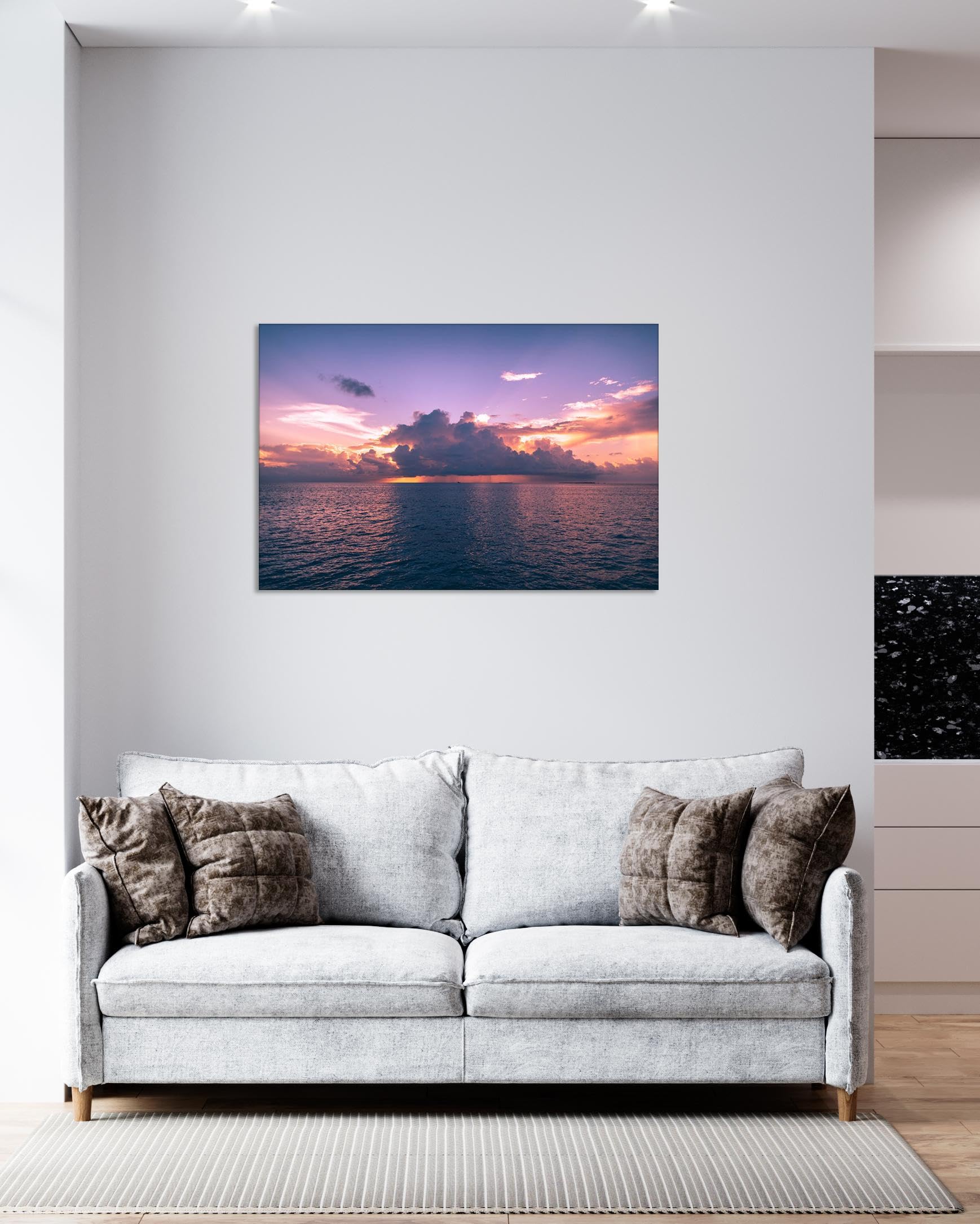 GRASKY Strand sonnenuntergang bild sonnenuntergang bild auf leinwand wandbilder landschaftsbilder mit rot Leinwandbilder Meer, dunkle Wolken Wohnzimmer Deko Kunstdrucke 60x90cm(24x35Zoll), rahmenlos