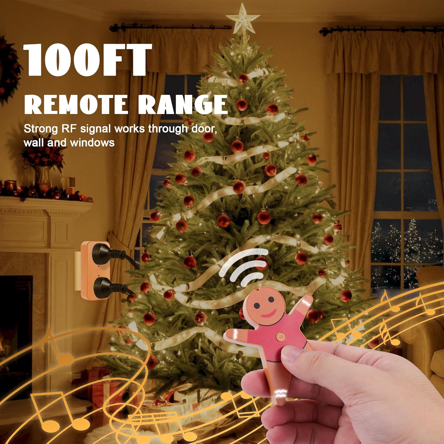 Remote Control Outlet for Christmas Gingerbread Man, Wireless Remote Switch, with Built-in Music Feature, 100ft Range, for Christmas Tree Lights & Household Appliances, Gift for Christmas & Halloween