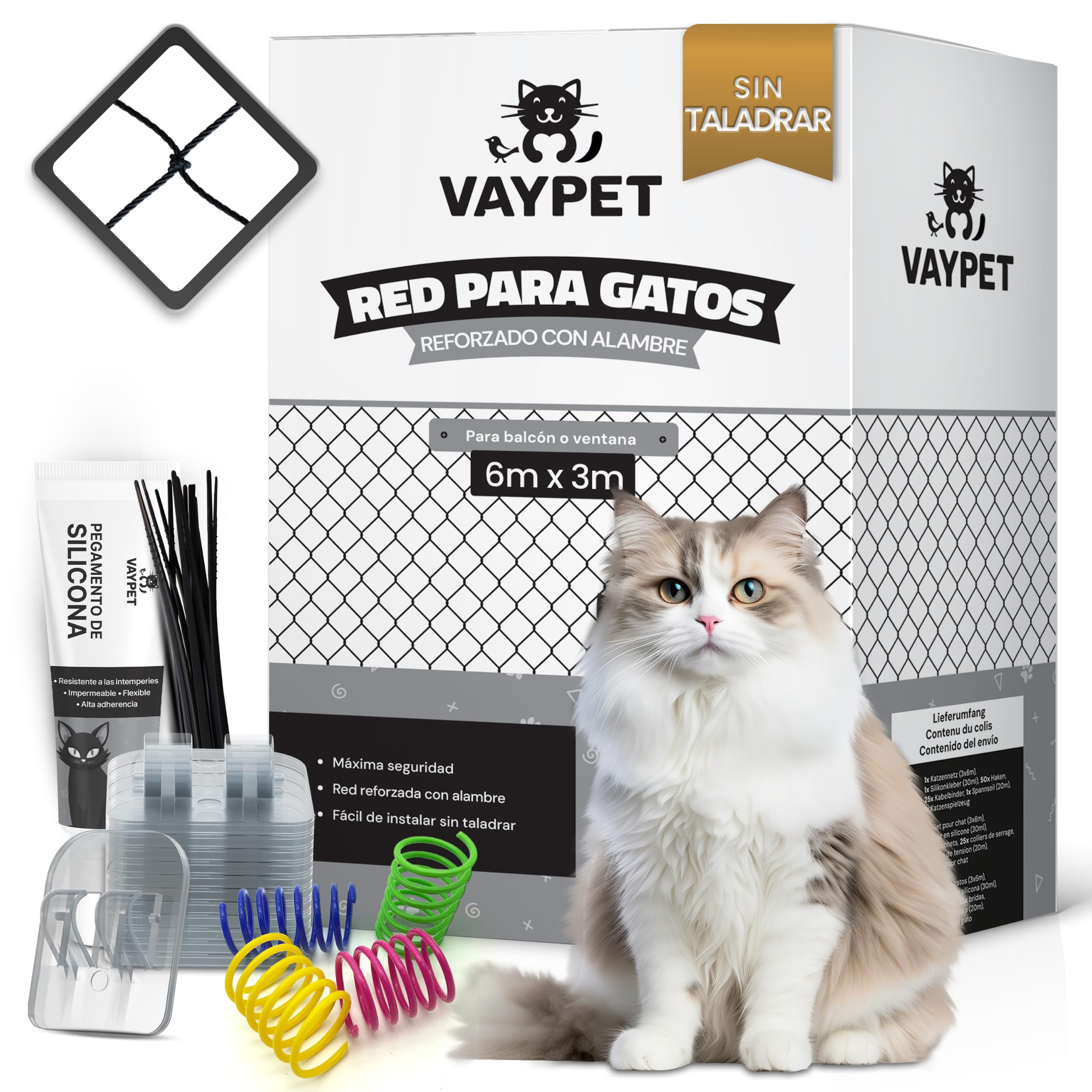 VAYPET® Red para Gatos Terraza sin Taladro [6x3m] - Red Reforzada | Incluye Ganchos + Pegamento Silicona | Red reforzada con Alambre | Protección Gatos para Terraza, Balcón