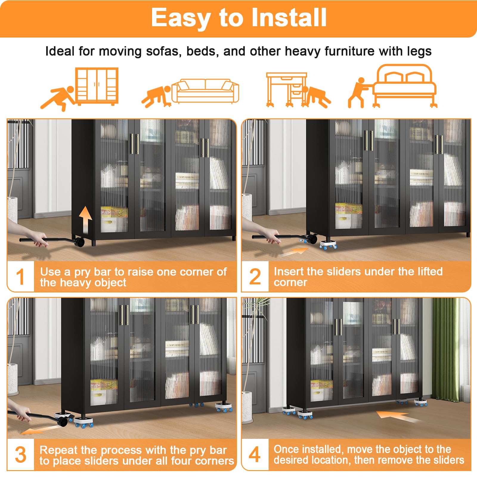 4 Ruote Per Spostare Mobili Pesanti - Rotelle 360° Con Sollevatore, Portata 400kg - Foto 14
