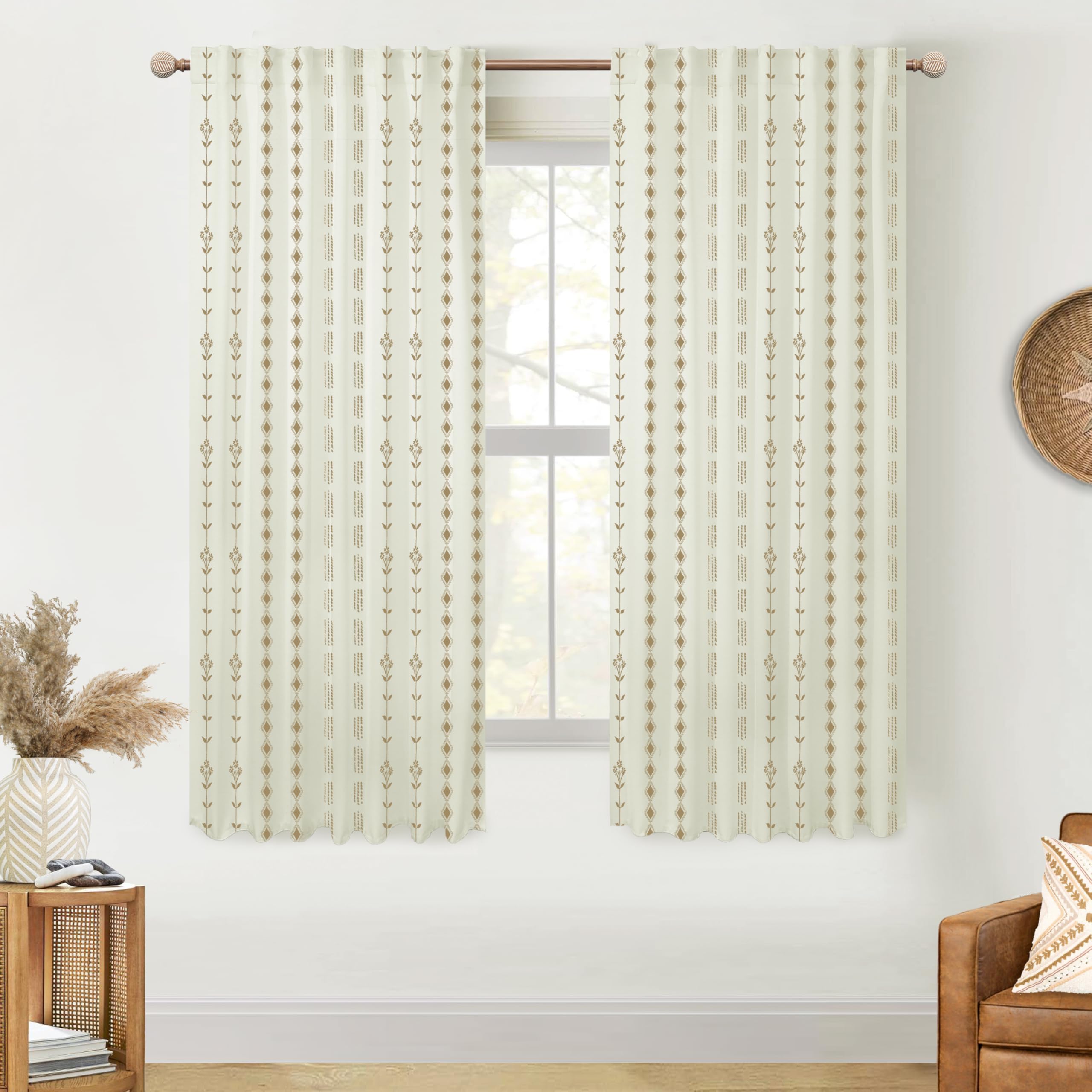 Western Aztec Boho Curtains, Brown Floral Patterned Rustic Farmhouse Drapes for Bay Window, 63 Inch, 2 Panel Set