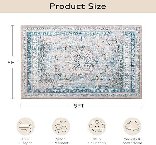 Miniatura 401 de Ashler - Alfombras bohemias vintage de 5 x 8 pies para sala de estar, lavables a máquina con parte trasera antideslizante, alfombra para interiores