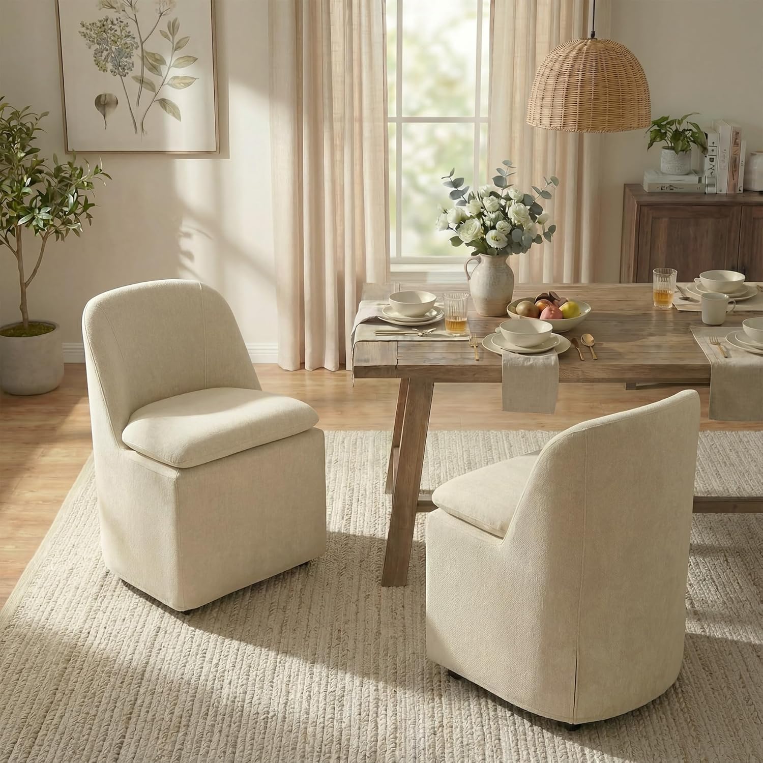 KISLOT Upholstered Dining Chairs with Casters, Washable Cover Modern Dining Room Chairs with Thick Cushion & Sturdy Metal Frame for Kitchen, Living Room, Dressing Room, Sand Fabric, Set of 4