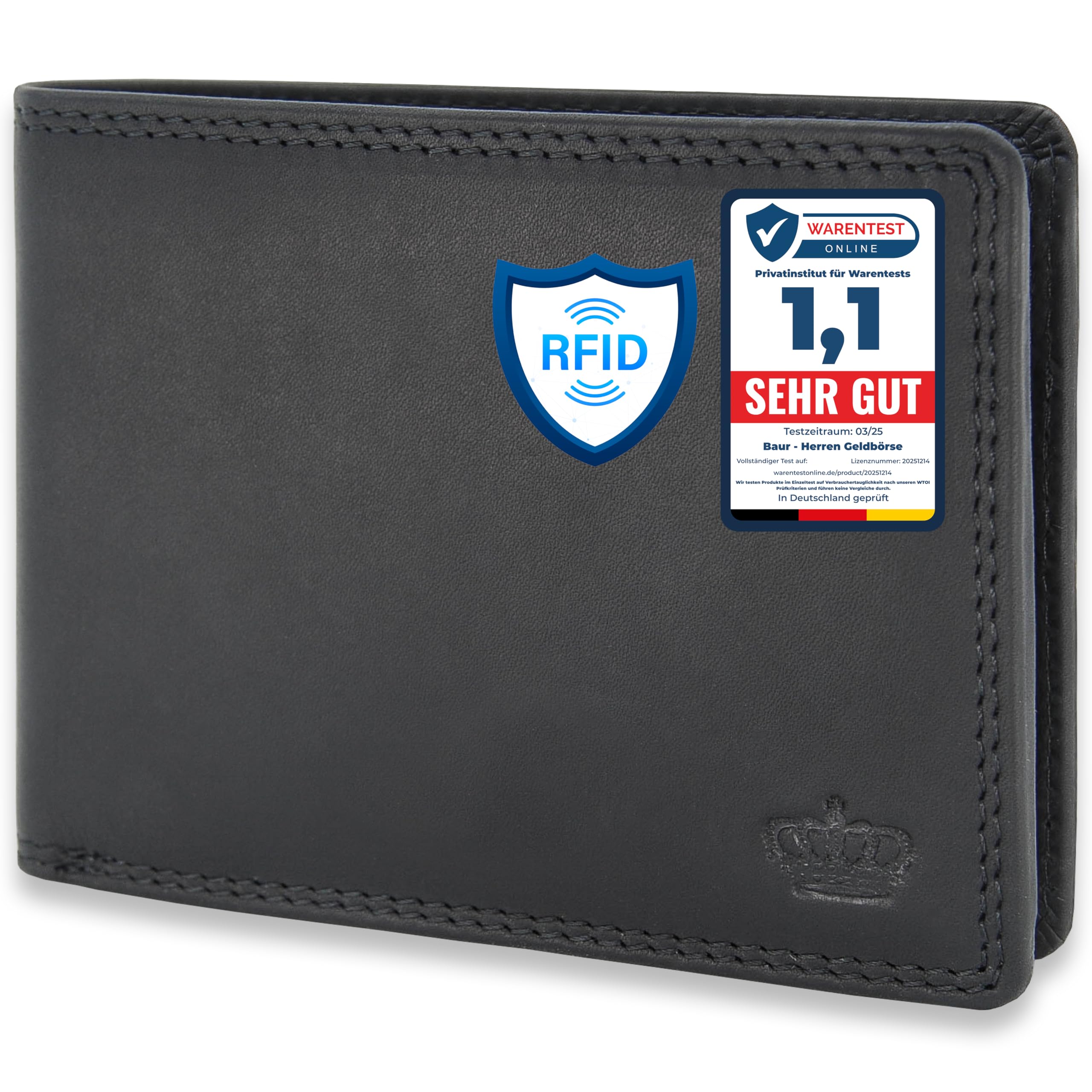 Baur - Cartera de piel auténtica para hombre, con protección RFID, Negro , 12,6cmx9,4cmx2cm, Clásico