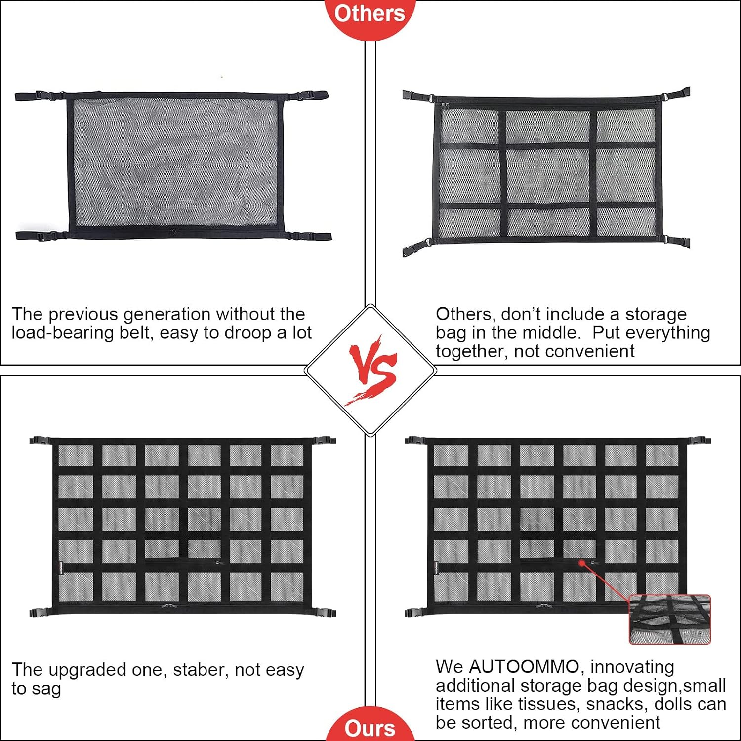 Car Ceiling Storage Net - AUTOOMMO 32" x 23.6" Upgraded Large Car Ceiling Cargo Net Pocket, Strengthen Load-Bearing Adjustable Double-Layer Mesh Car Roof Organizer for SUV Long Trip Camping(Black)