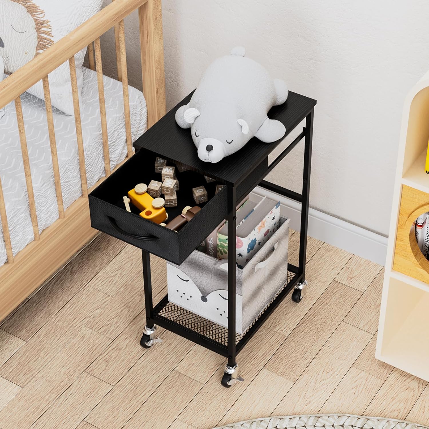 CADUKE 2 Tier PC Stand - Black Computer Tower Stand with Fabric Drawer, Modern Printer Stand with Wheels, Under Desk for Office & Study Room