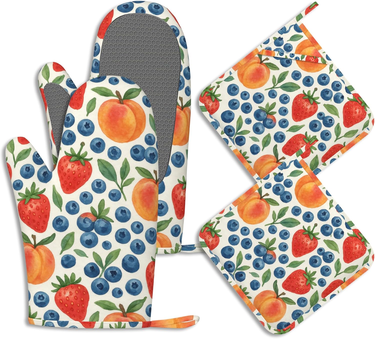 Tropical Fruit Oven Mitts and Pot Holders Strawberry Peach Blueberry Silicone Kitchen Accessories Set of 4 Heat Resistant Non-Slip Long Gloves Potholder for Chef Cooking Baking Gifts Women Men